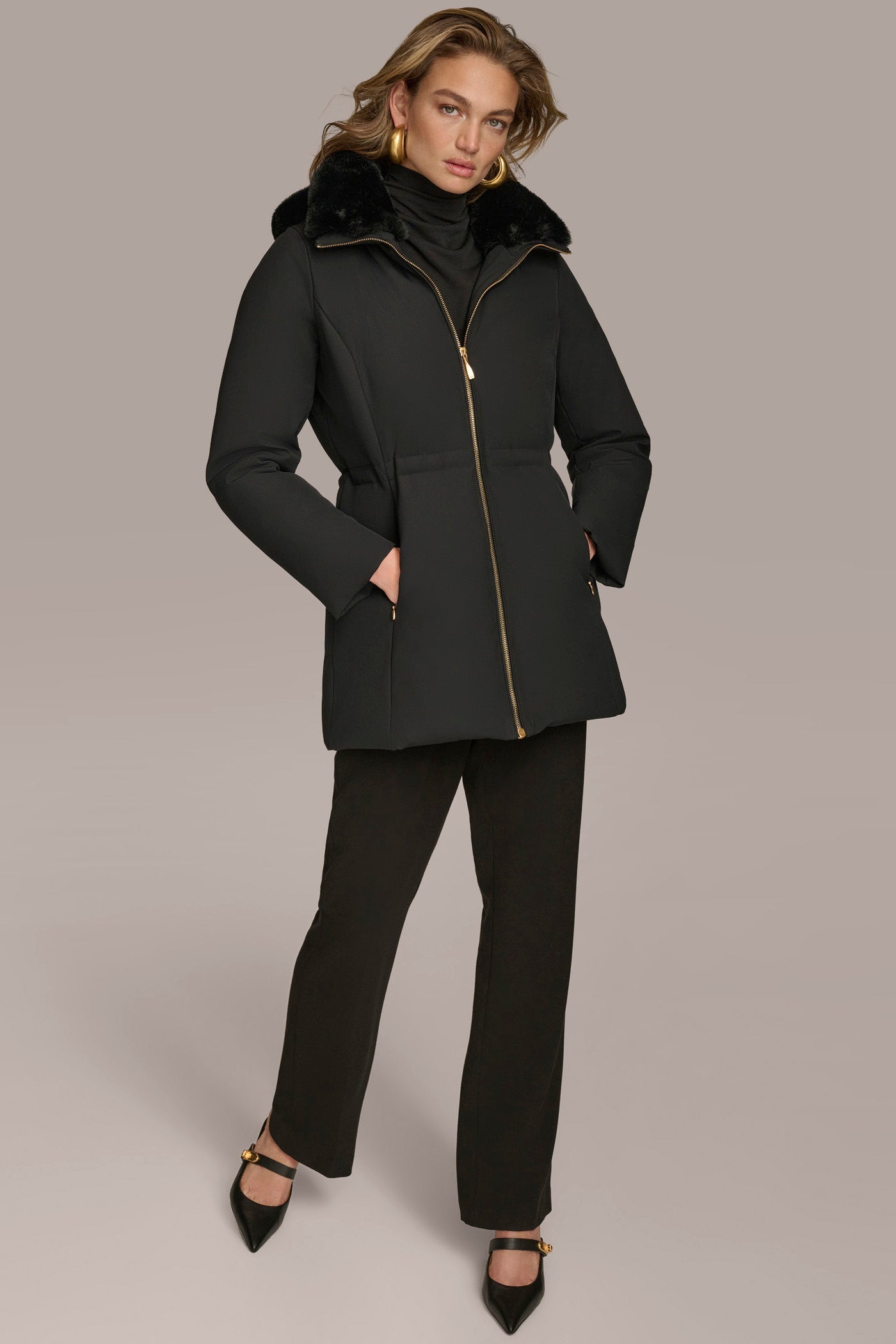 Black FAUX FUR LINED PUFFER Donna Karan