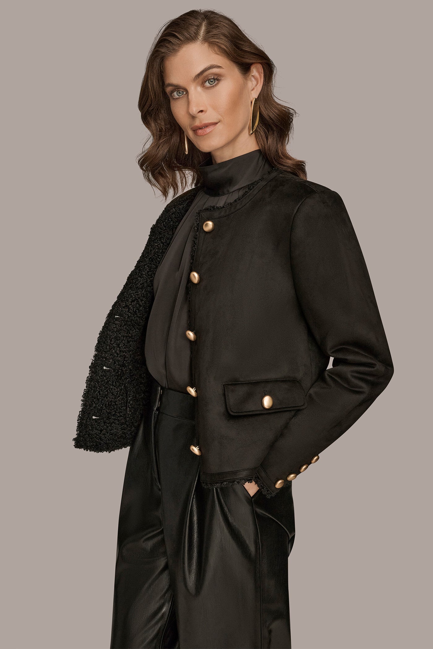 Black FAUX-SHEARLING BOXY COAT Donna Karan