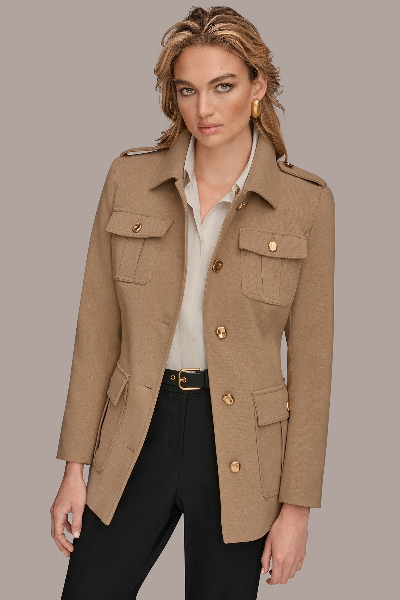 Camel BELTED MILITARY BLAZER Donna Karan