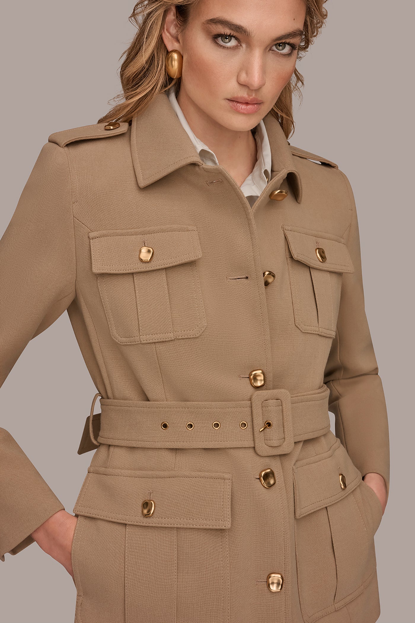 Camel BELTED MILITARY BLAZER Donna Karan