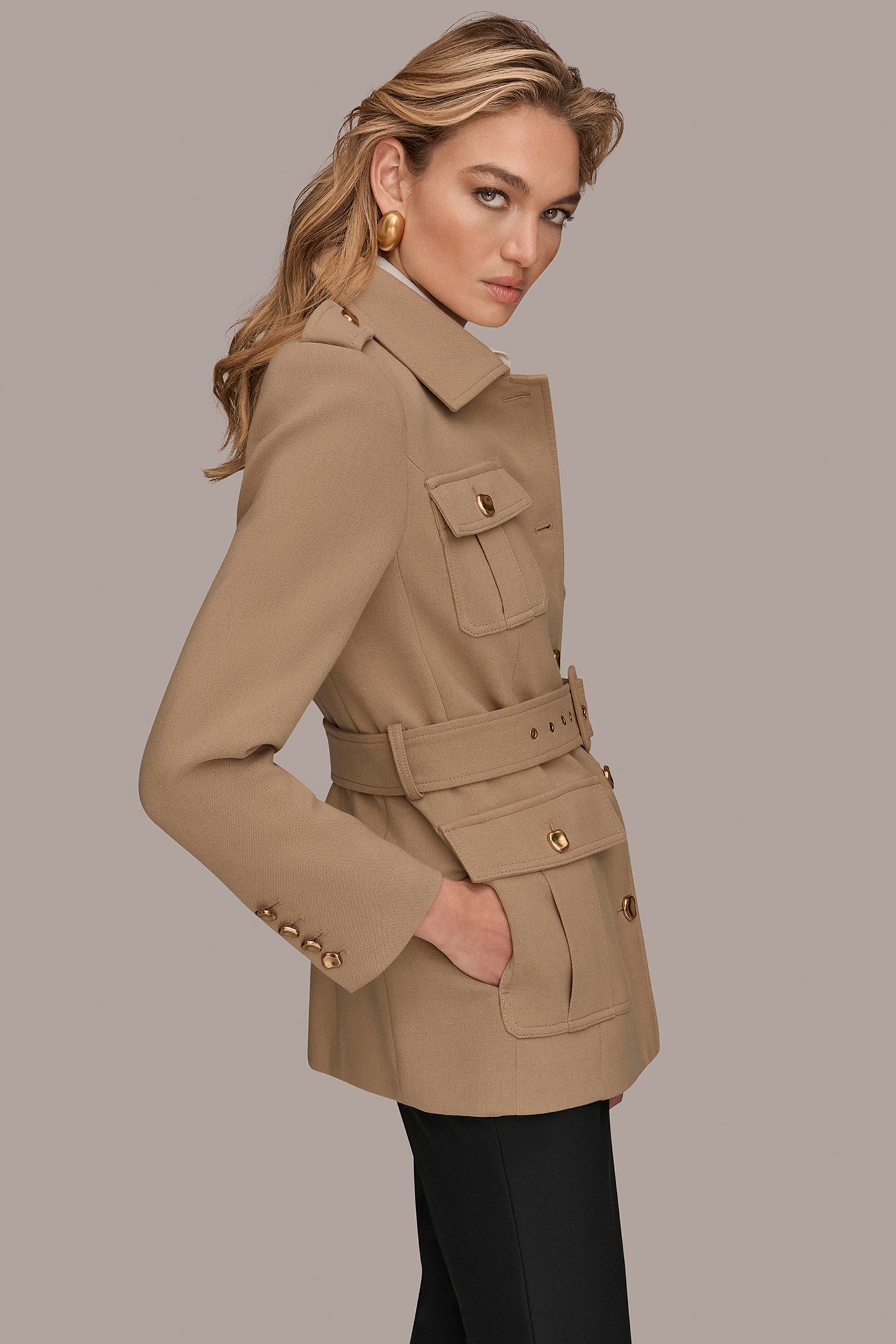 Camel BELTED MILITARY BLAZER Donna Karan