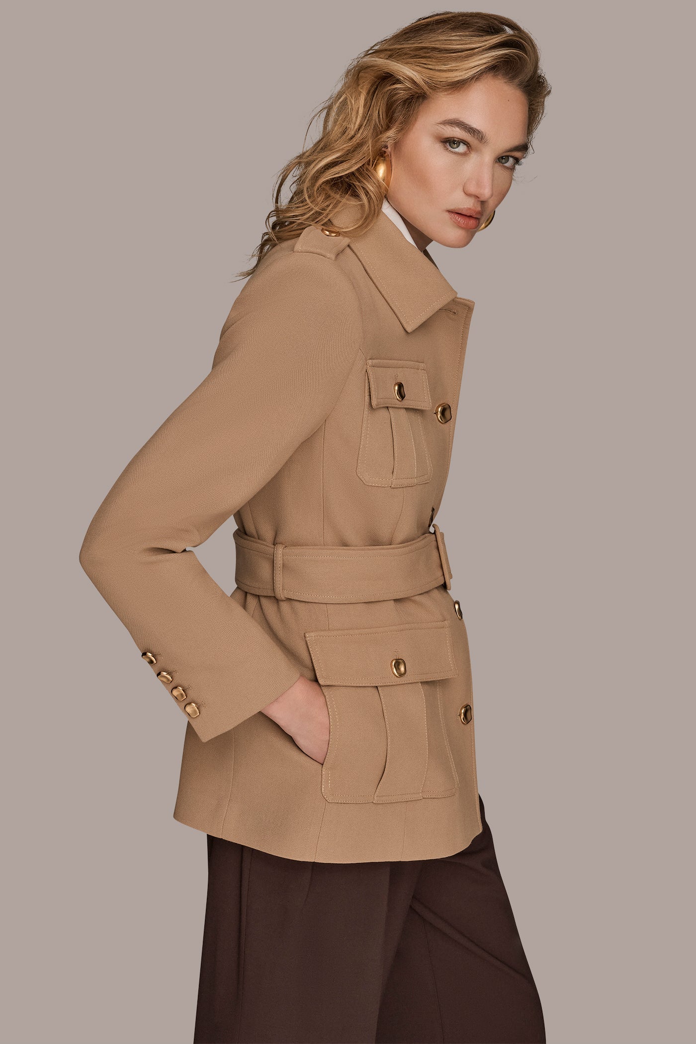 Camel BELTED MILITARY BLAZER Donna Karan