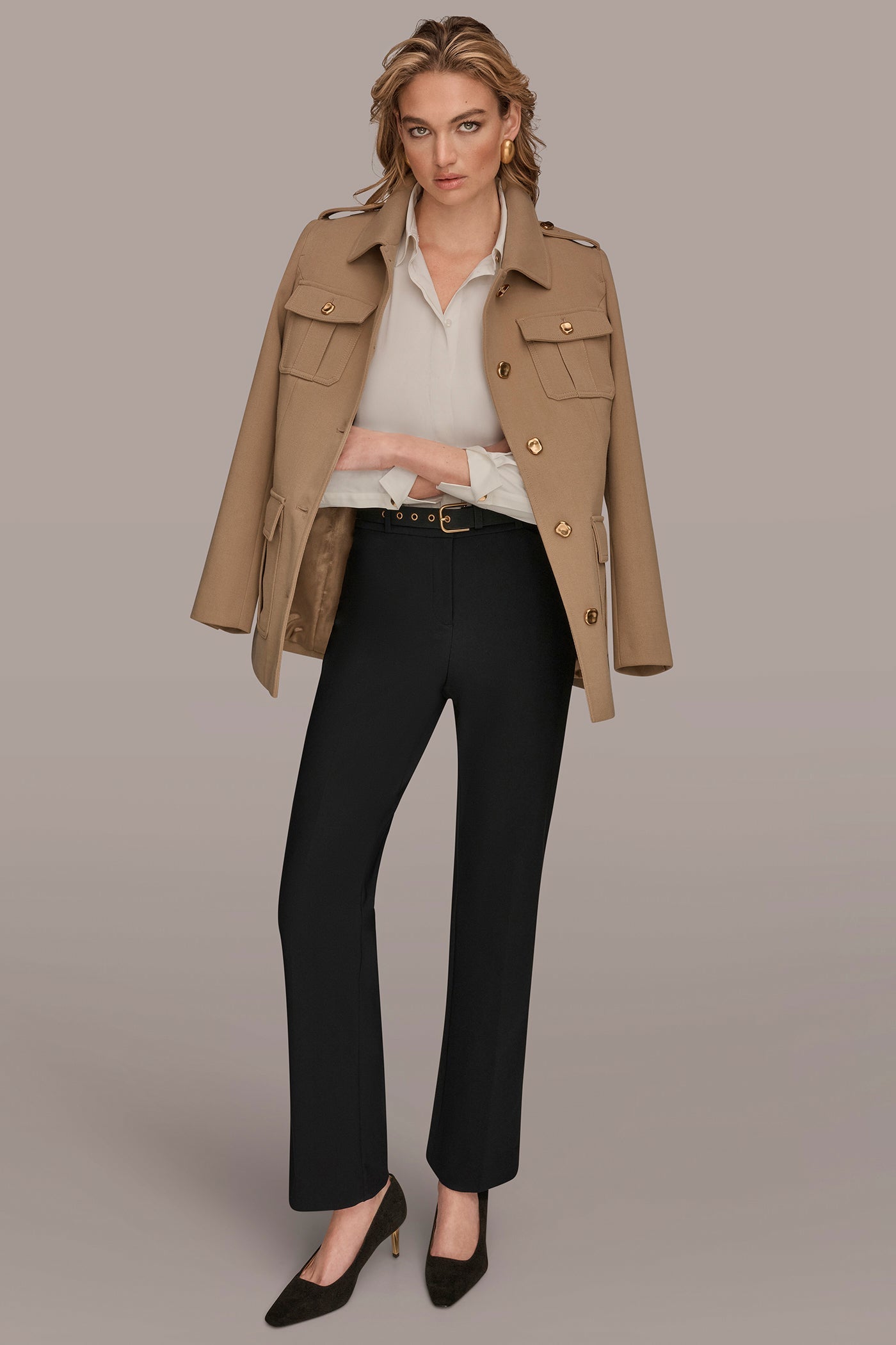 Camel BELTED MILITARY BLAZER Donna Karan