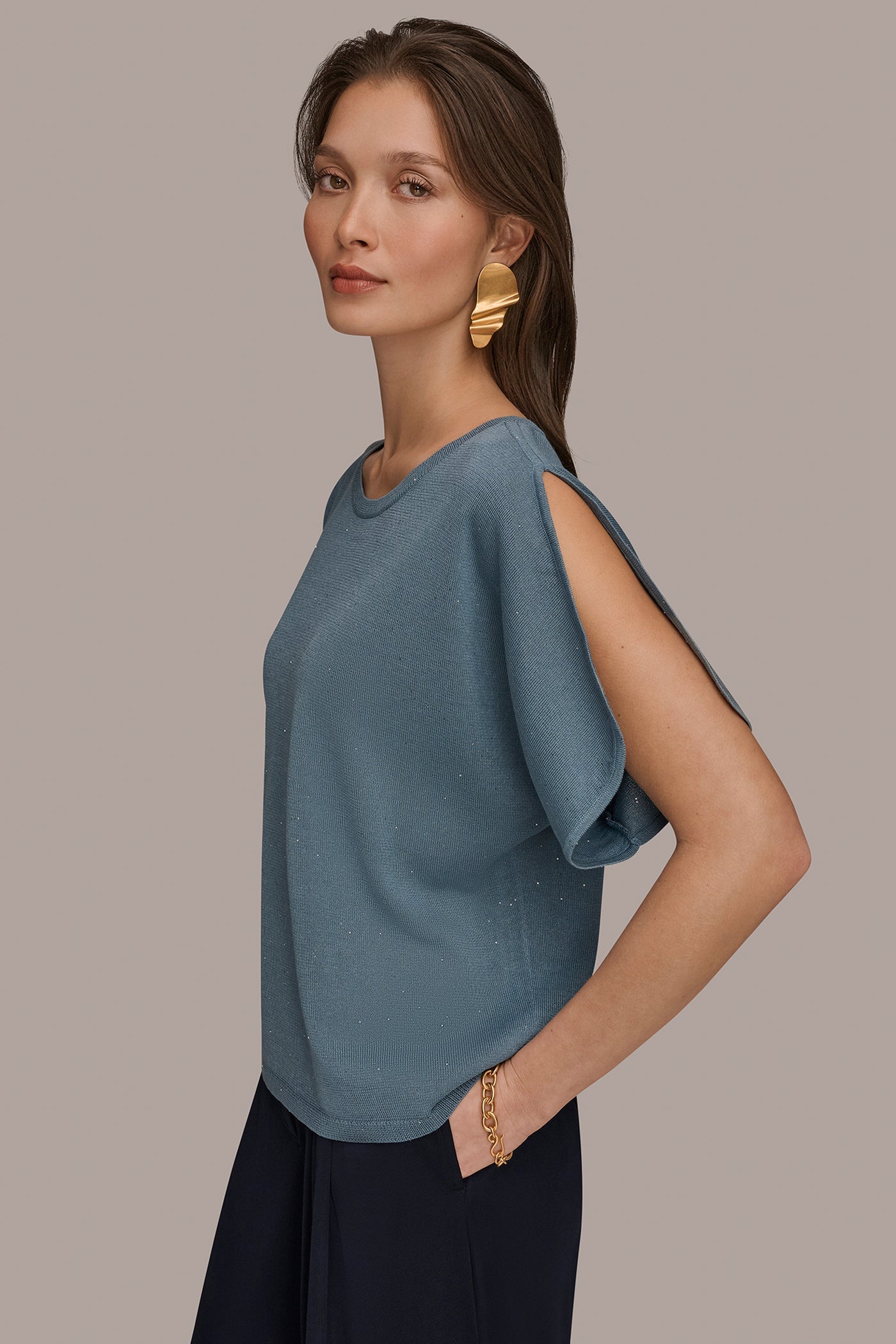 Washed Indigo SEQUIN SPLIT SLEEVE SWEATER Donna Karan