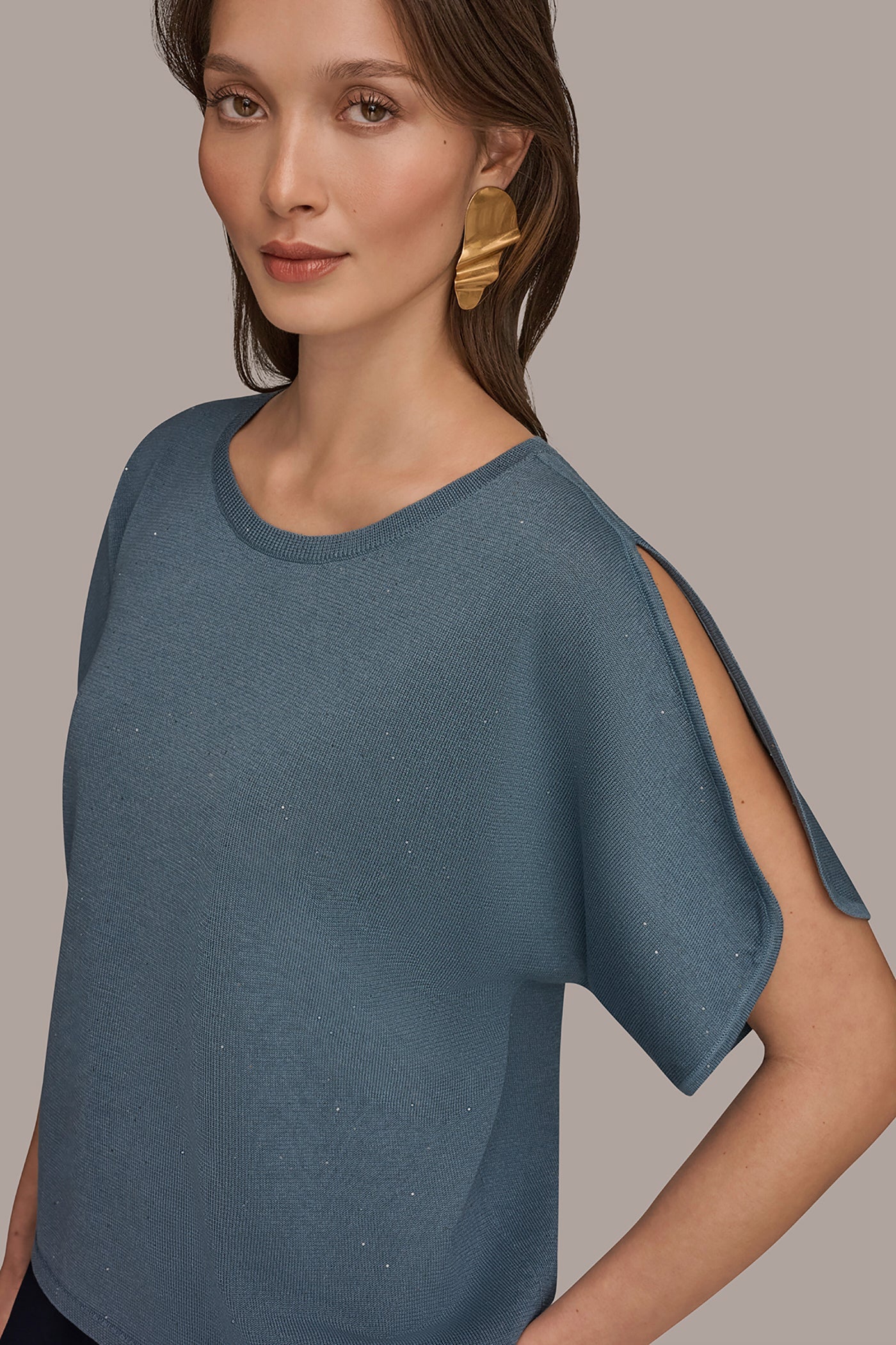 Washed Indigo SEQUIN SPLIT SLEEVE SWEATER Donna Karan