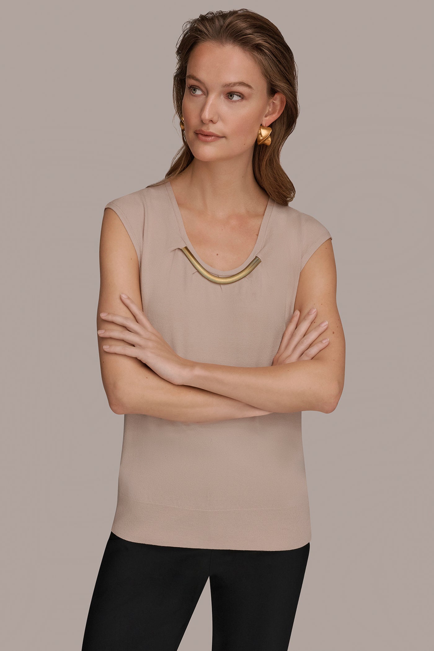 Snow Petal CAP SLEEVE METALLIC TRIM SWEATER Donna Karan