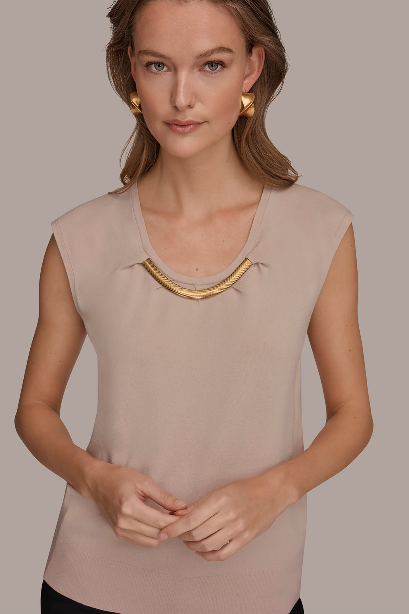 Snow Petal CAP SLEEVE METALLIC TRIM SWEATER Donna Karan