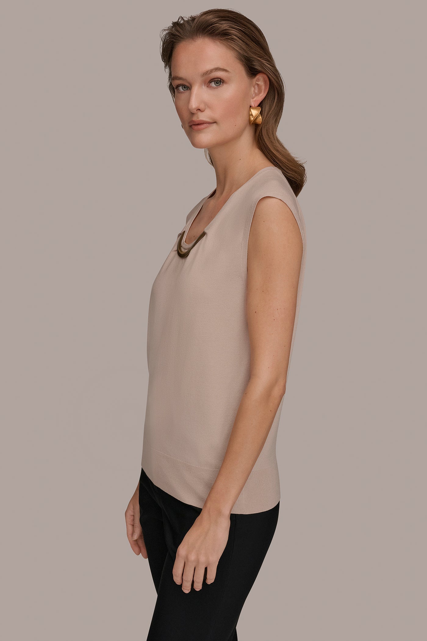 Snow Petal CAP SLEEVE METALLIC TRIM SWEATER Donna Karan