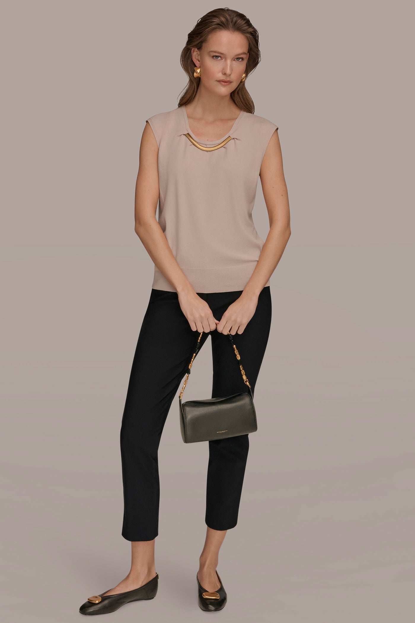 Snow Petal CAP SLEEVE METALLIC TRIM SWEATER Donna Karan