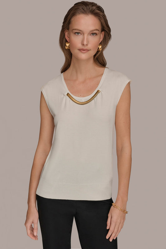 Cream CAP SLEEVE METALLIC TRIM SWEATER Donna Karan