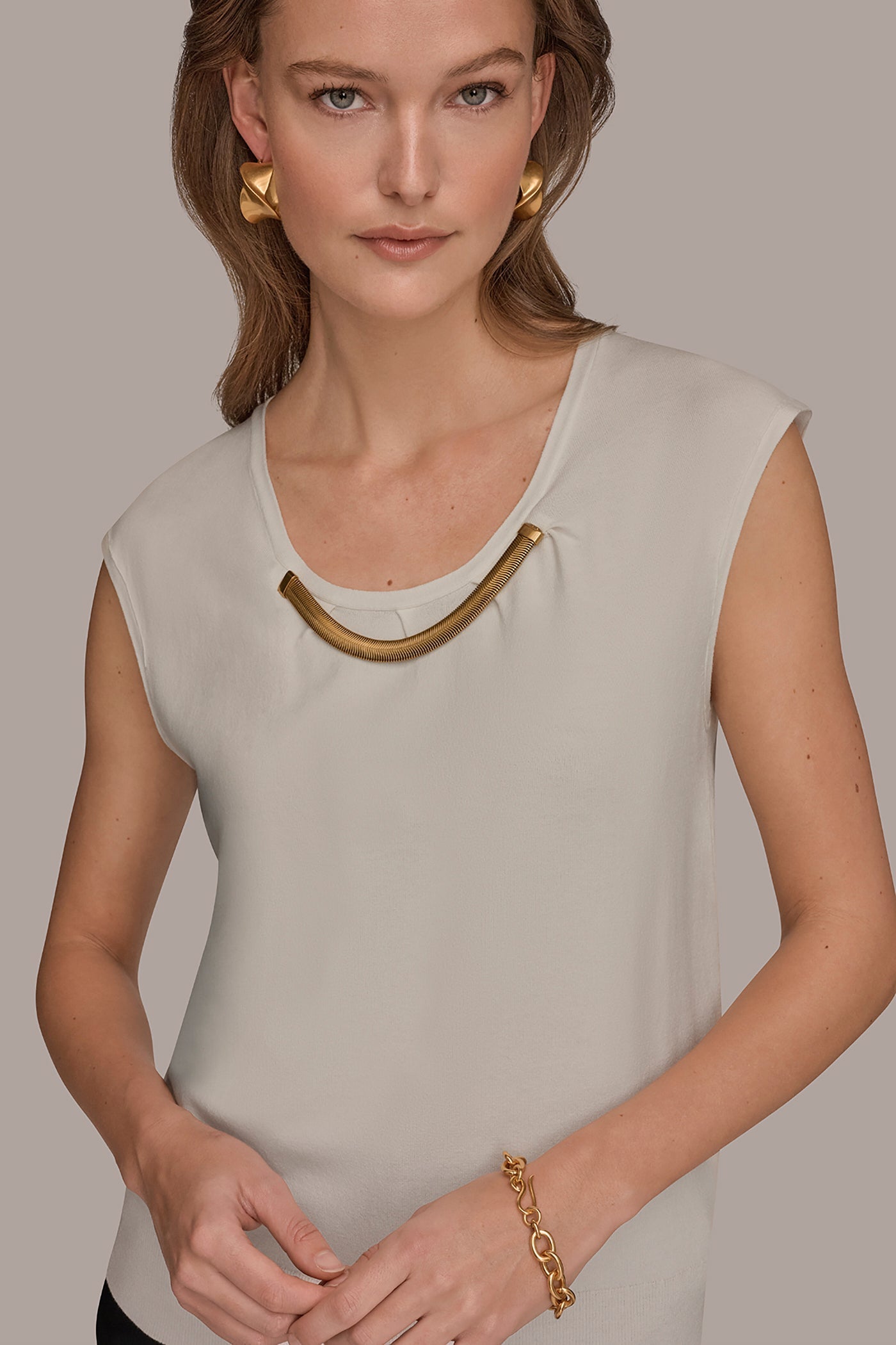 Cream CAP SLEEVE METALLIC TRIM SWEATER Donna Karan