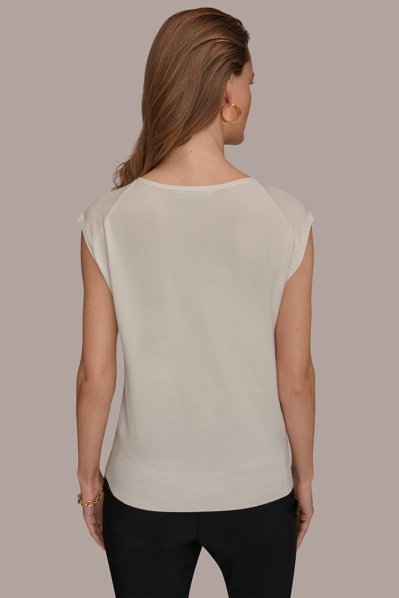 Cream CAP SLEEVE METALLIC TRIM SWEATER Donna Karan