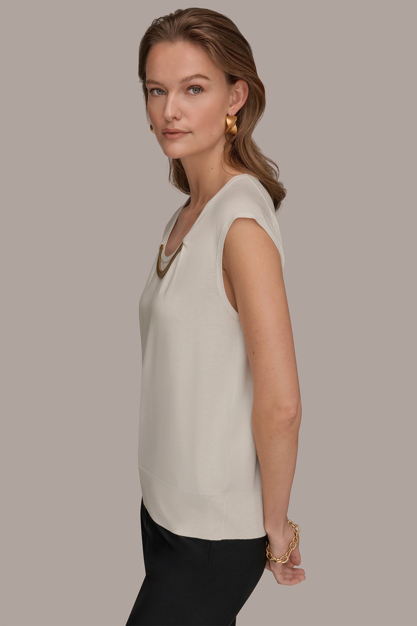 Cream CAP SLEEVE METALLIC TRIM SWEATER Donna Karan