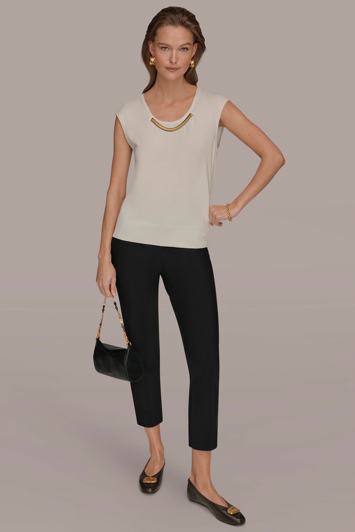 Cream CAP SLEEVE METALLIC TRIM SWEATER Donna Karan