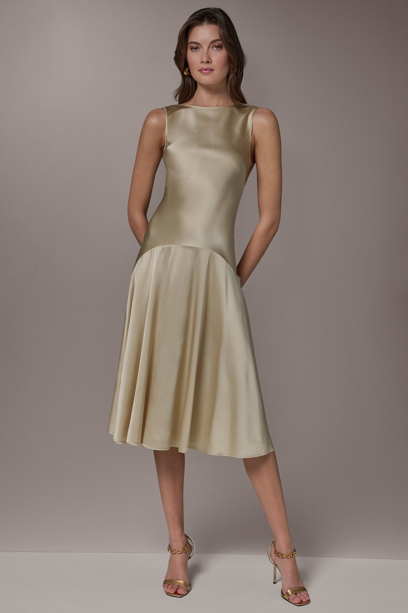 Light Gold SILK-CHARMEUSE MIDI A-LINE DRESS Donna Karan