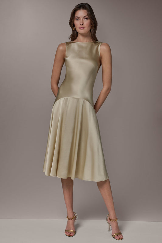 Light Gold SILK-CHARMEUSE MIDI A-LINE DRESS Donna Karan