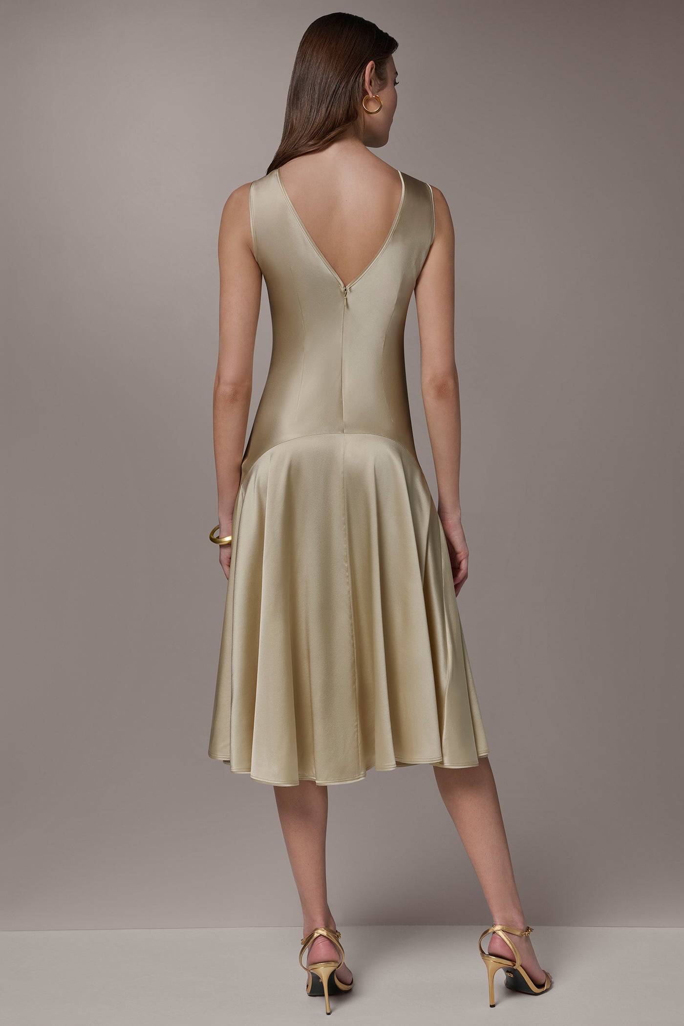 Light Gold SILK-CHARMEUSE MIDI A-LINE DRESS Donna Karan