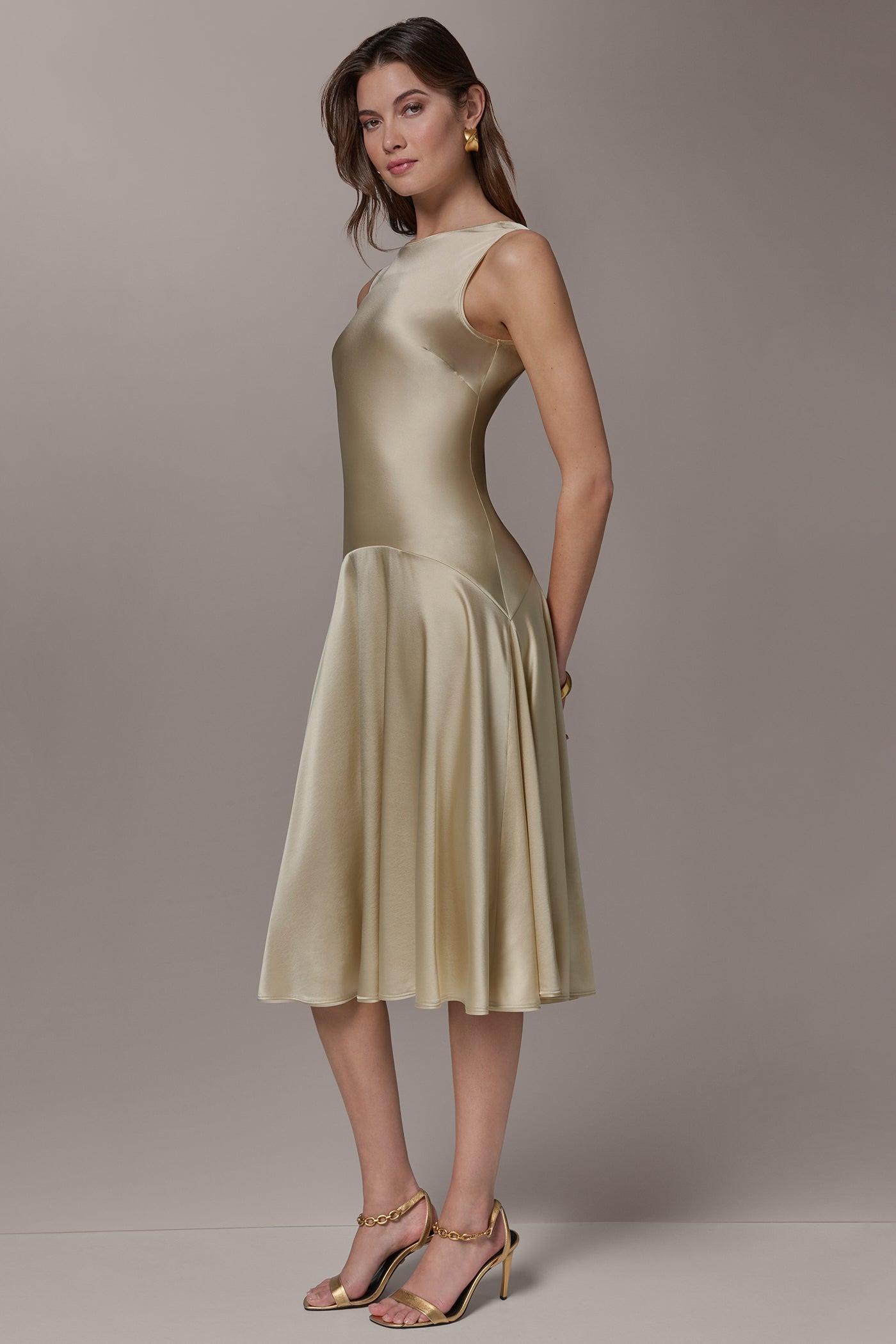Light Gold SILK-CHARMEUSE MIDI A-LINE DRESS Donna Karan