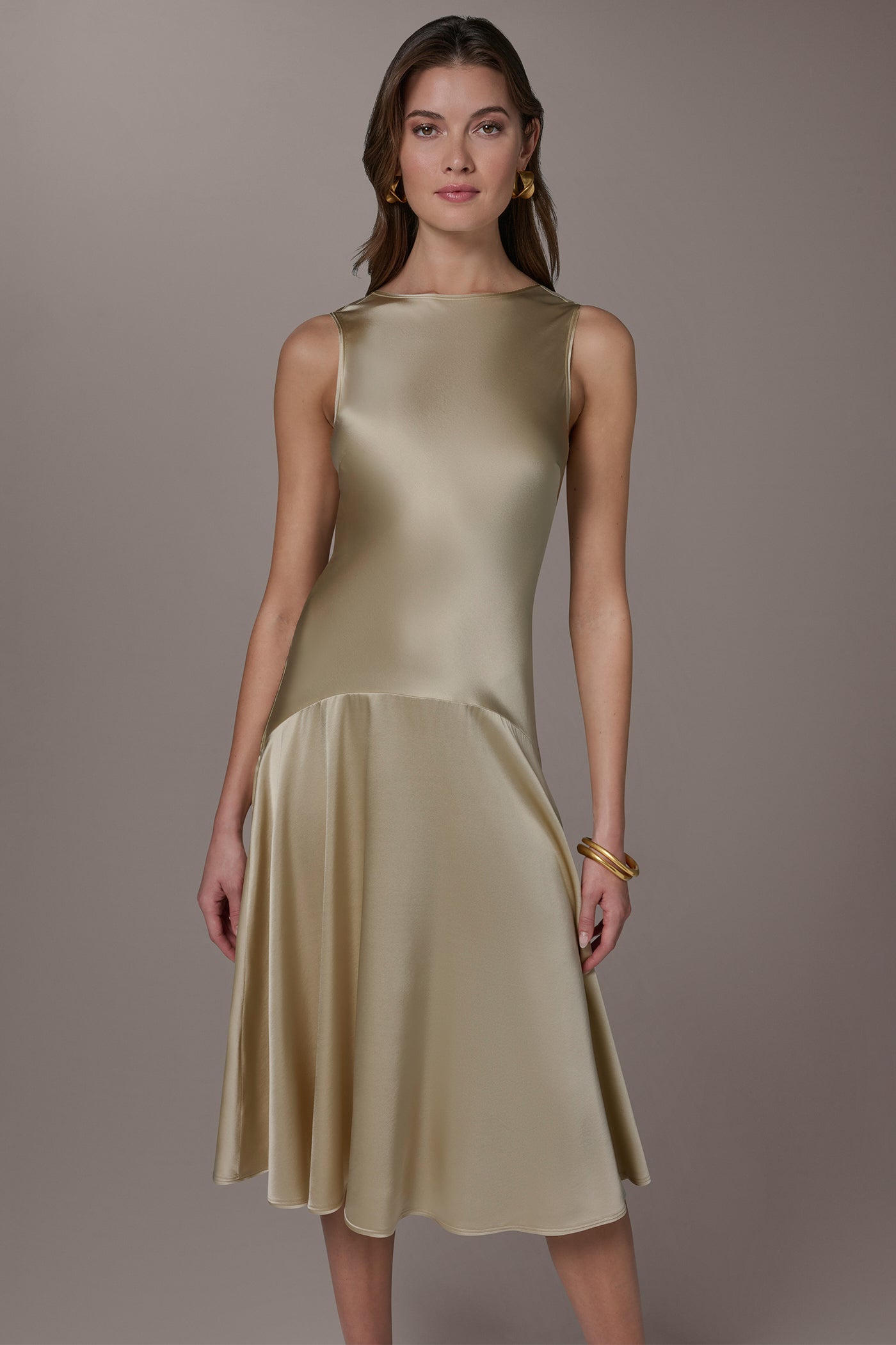 Light Gold SILK-CHARMEUSE MIDI A-LINE DRESS Donna Karan