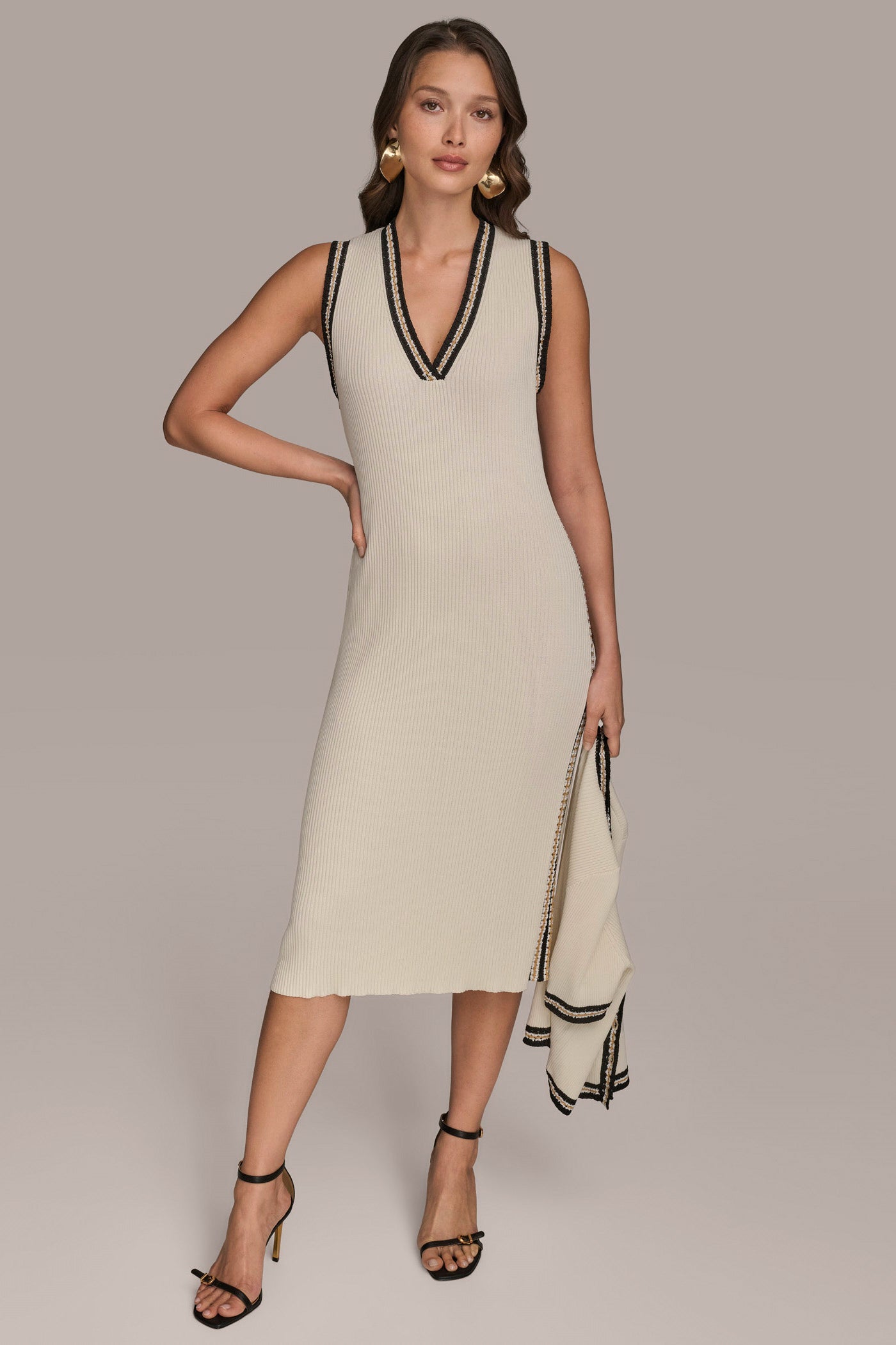 Cream/Beach Sand MIDI SHEATH DRESS WITH CARDIGAN Donna Karan