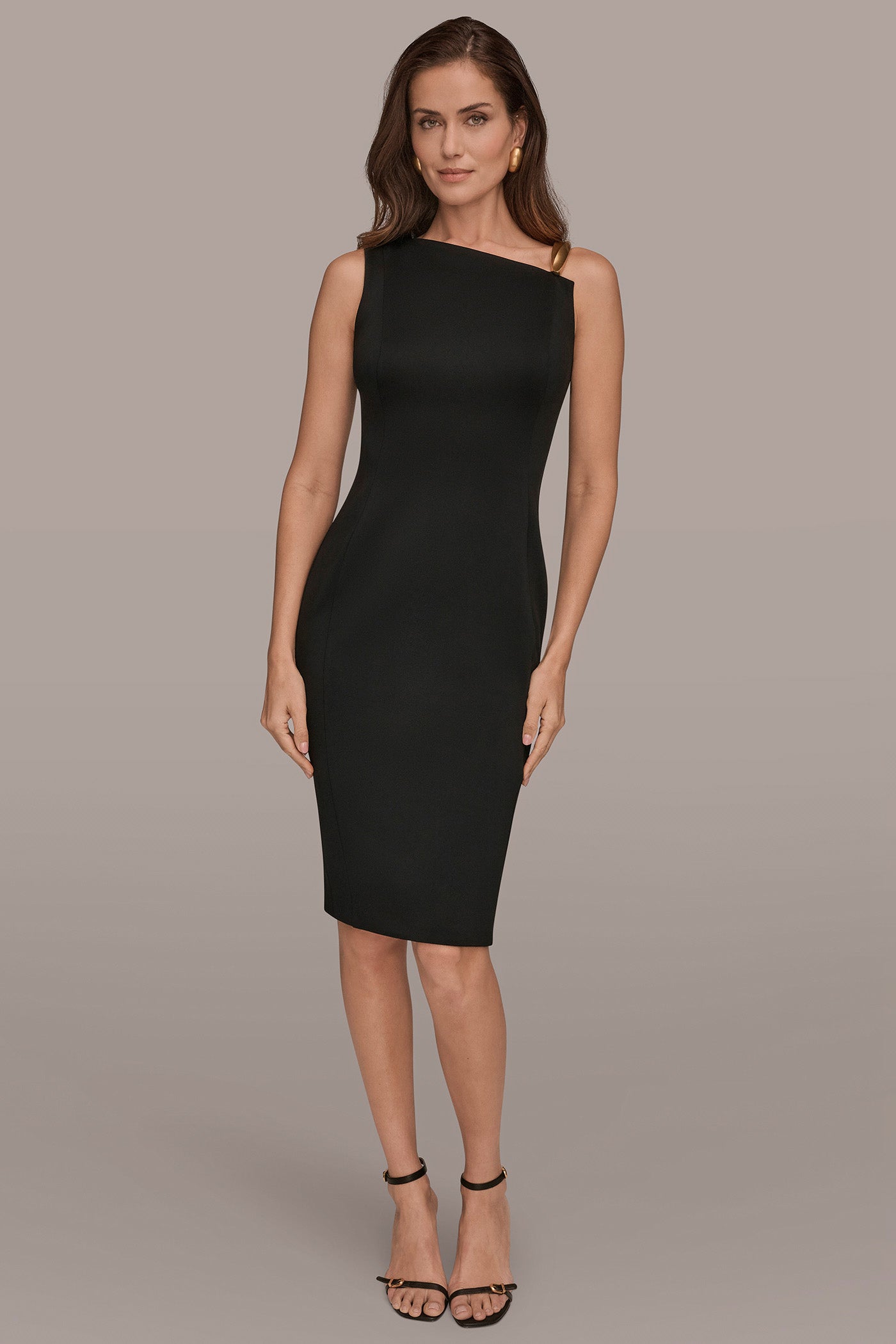 Black ONE-SHOULDER ASYMMETRIC MIDI SHEATH DRESS Donna Karan