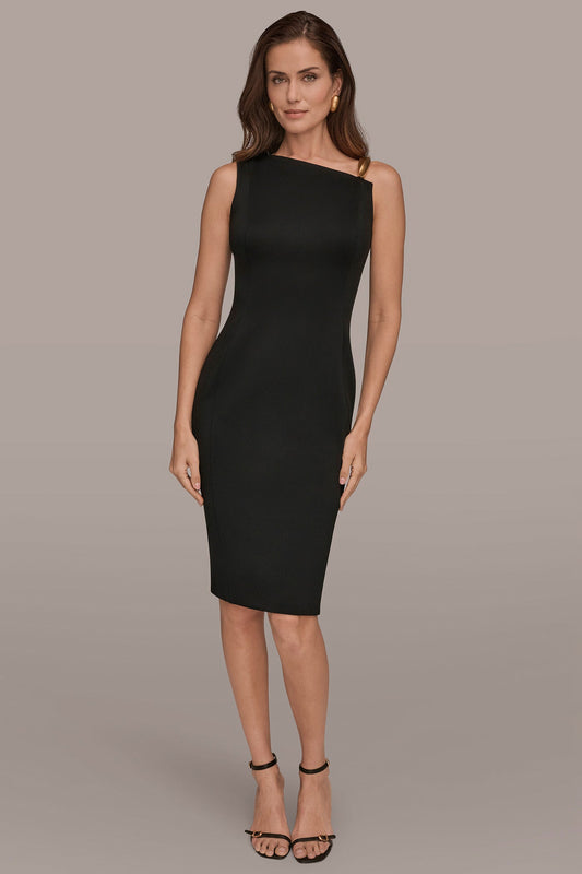 Black ONE-SHOULDER ASYMMETRIC MIDI SHEATH DRESS Donna Karan