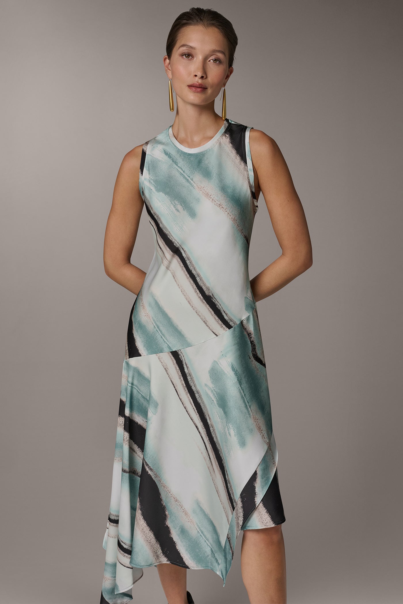 Waterlily Multi ASYMMETRIC PRINTED MIDI FIT AND FLARE DRESS Donna Karan
