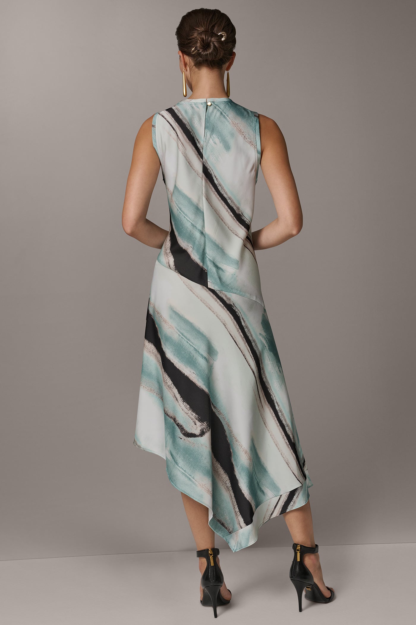 Waterlily Multi ASYMMETRIC PRINTED MIDI FIT AND FLARE DRESS Donna Karan