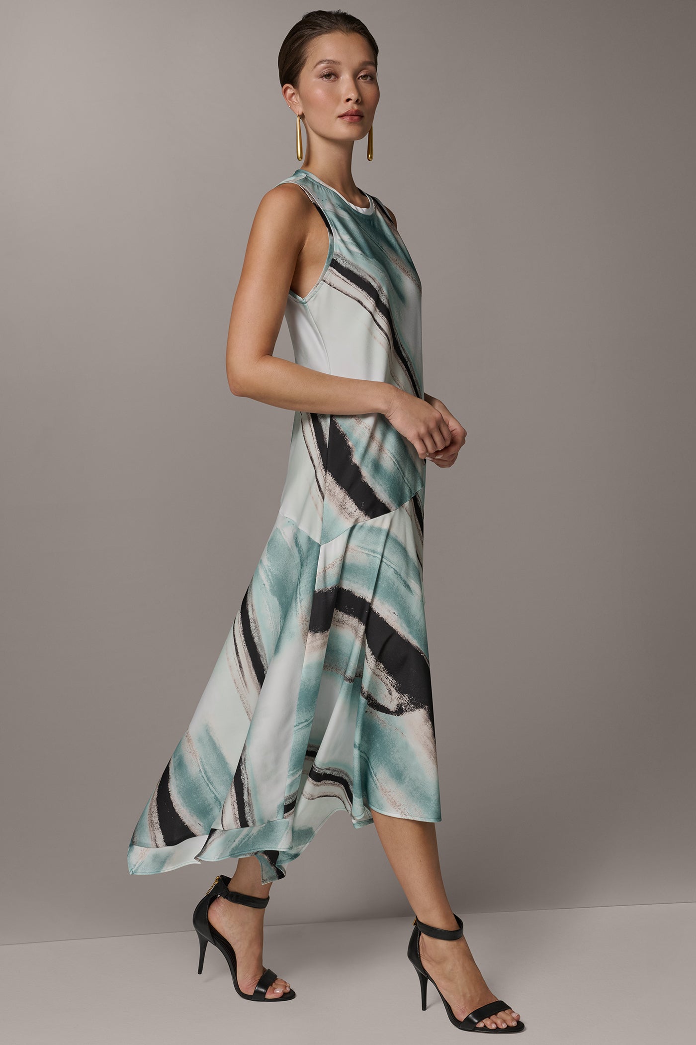 Waterlily Multi ASYMMETRIC PRINTED MIDI FIT AND FLARE DRESS Donna Karan