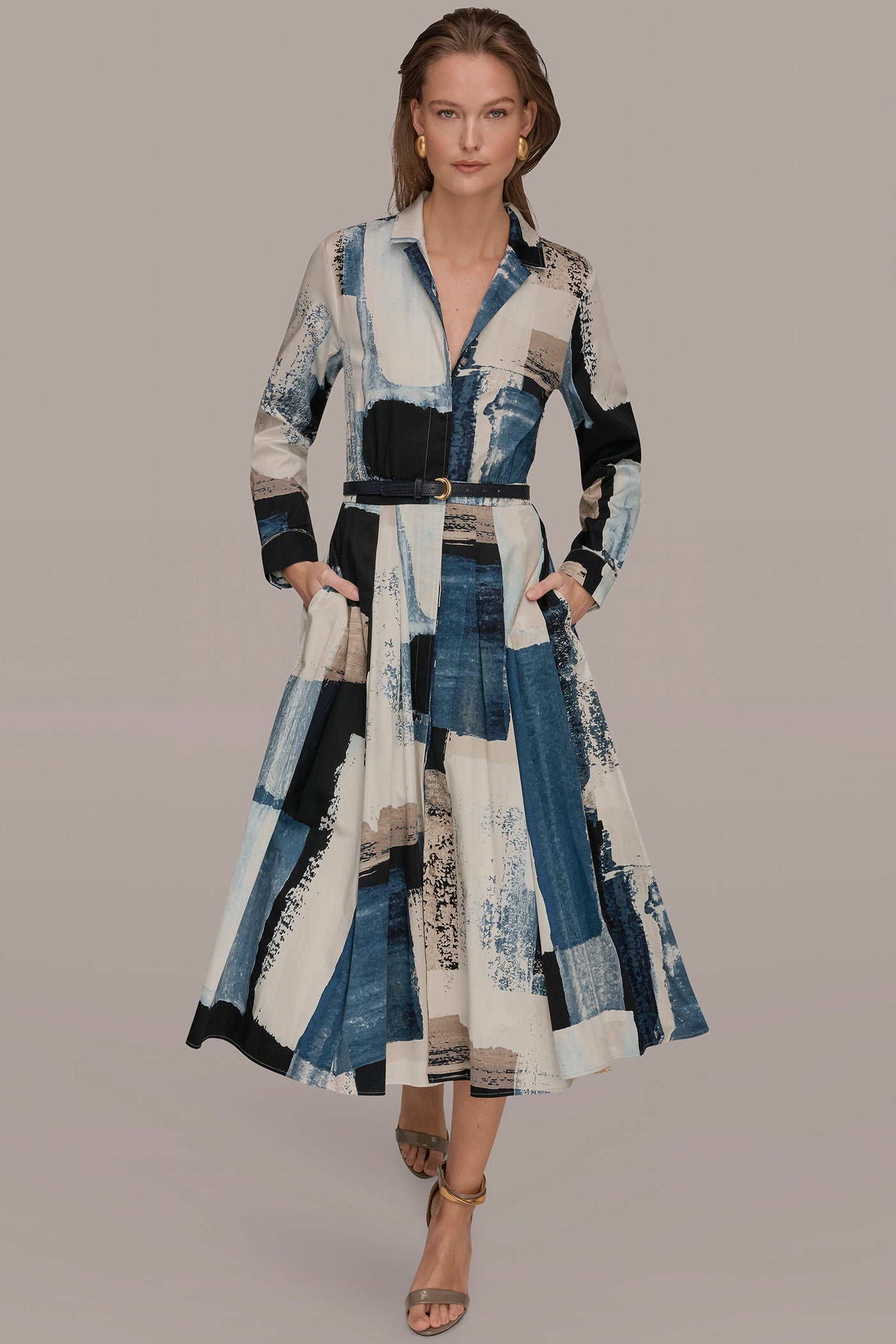 Washed Indigo/Cream Multi LONG SLEEVE BUTTON FRONT DRESS Donna Karan