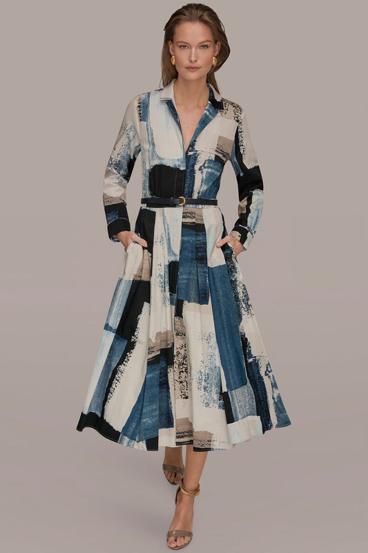 Washed Indigo/Cream Multi LONG SLEEVE BUTTON FRONT DRESS Donna Karan