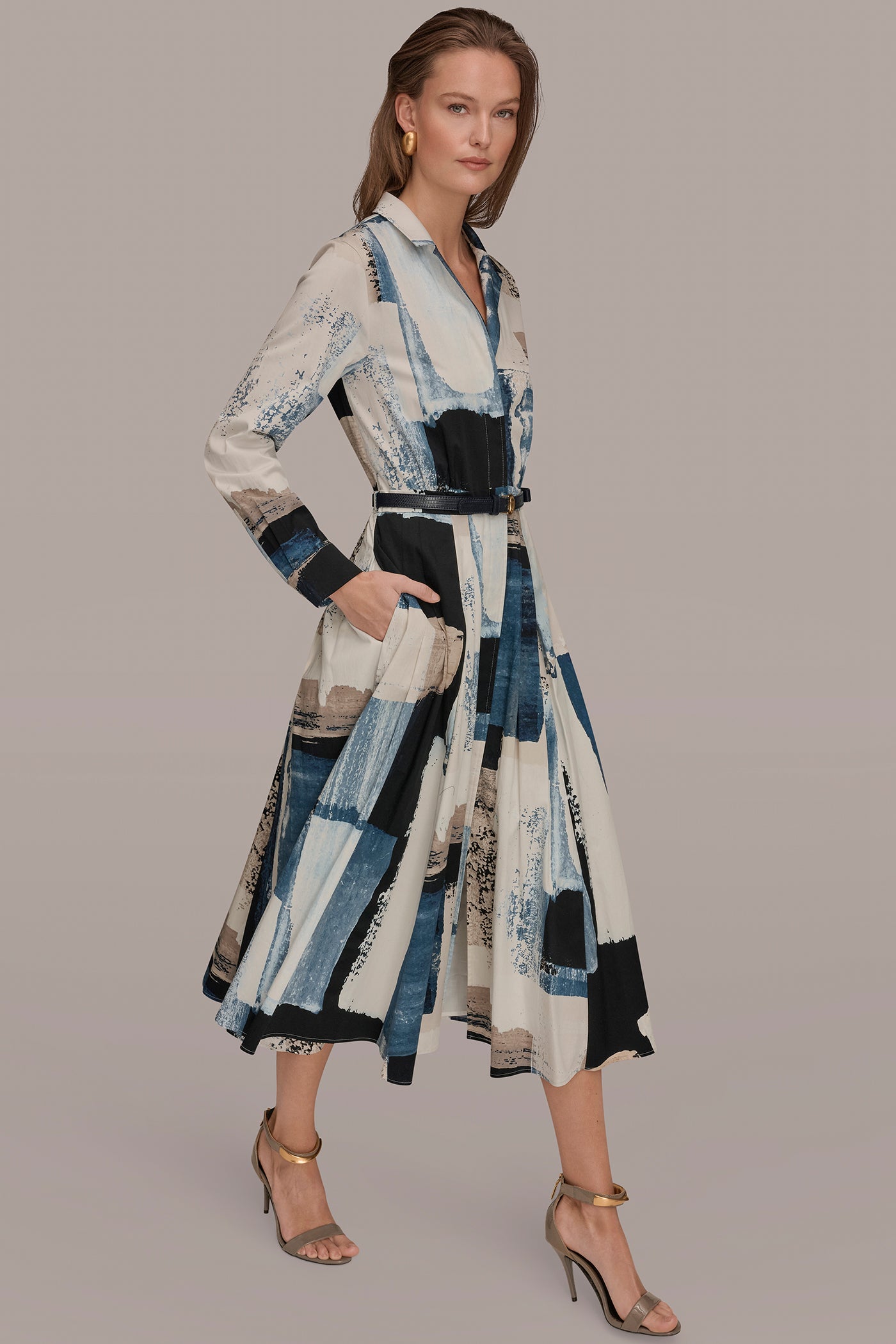 Washed Indigo/Cream Multi LONG SLEEVE BUTTON FRONT DRESS Donna Karan