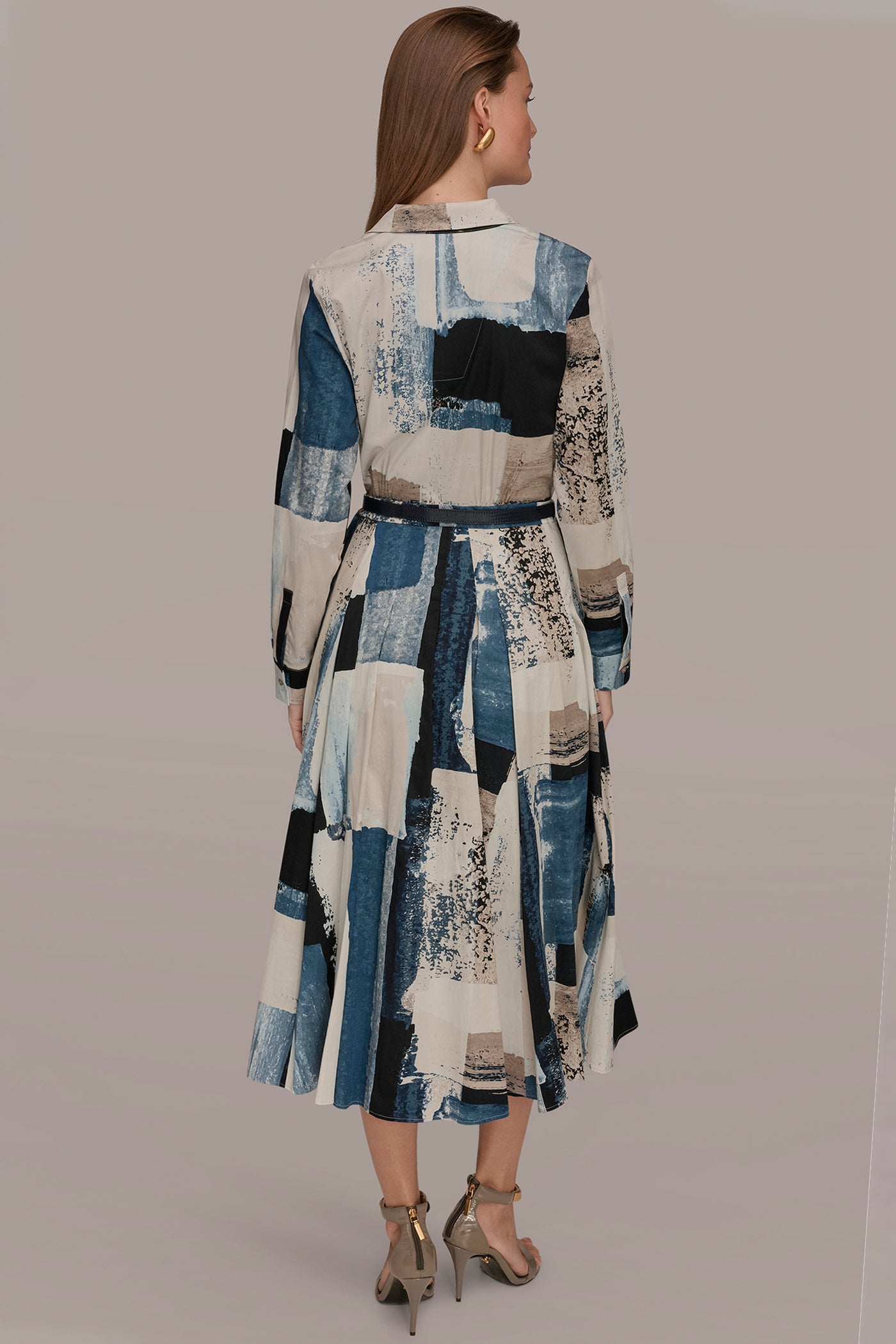 Washed Indigo/Cream Multi LONG SLEEVE BUTTON FRONT DRESS Donna Karan