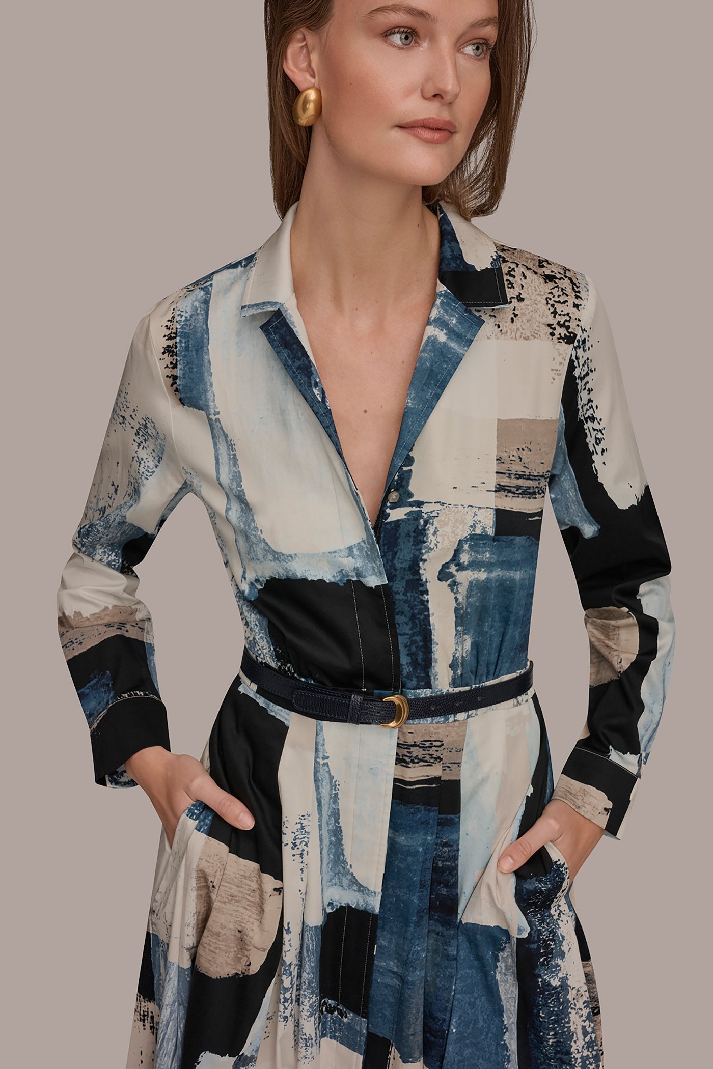 Washed Indigo/Cream Multi LONG SLEEVE BUTTON FRONT DRESS Donna Karan