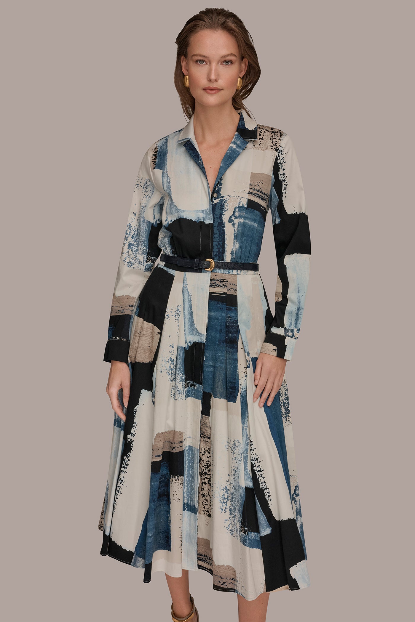 Washed Indigo/Cream Multi LONG SLEEVE BUTTON FRONT DRESS Donna Karan