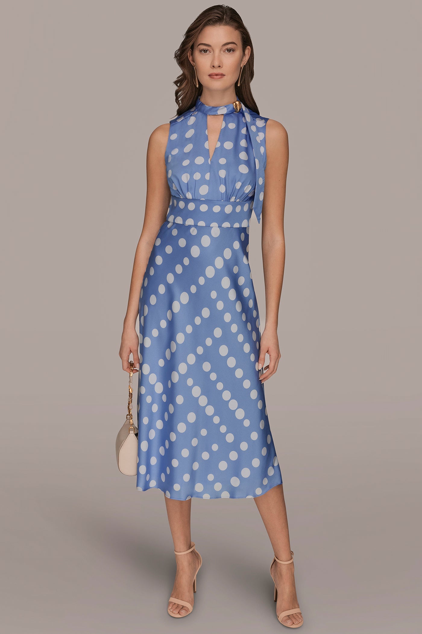 CIELO/CREAM SATIN POLKA-DOT TIE-NECK MIDI DRESS Donna Karan