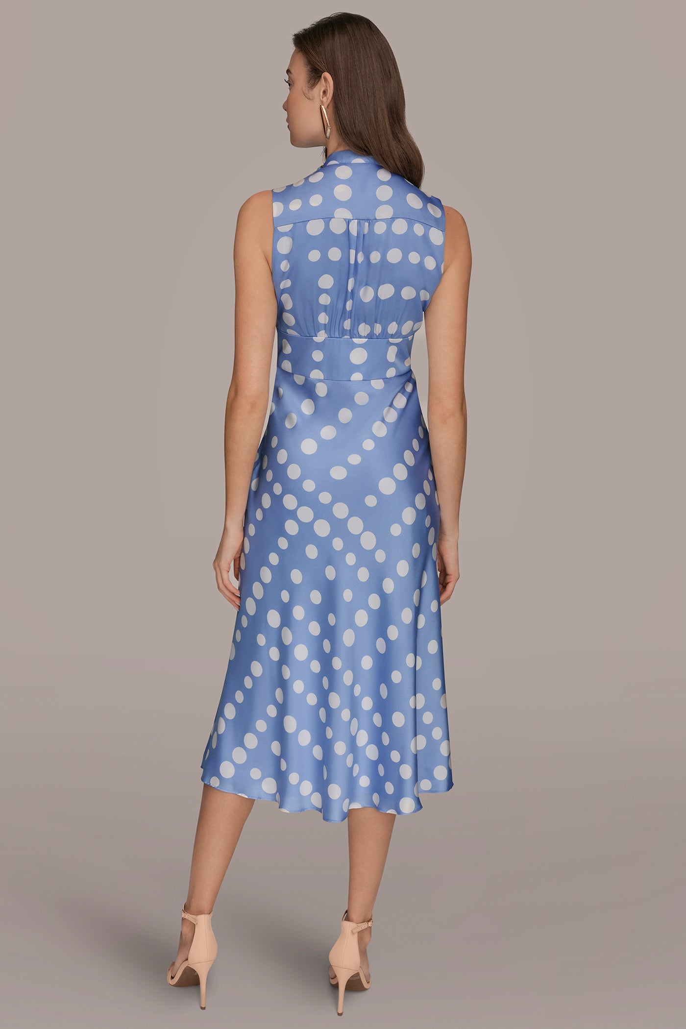 CIELO/CREAM SATIN POLKA-DOT TIE-NECK MIDI DRESS Donna Karan