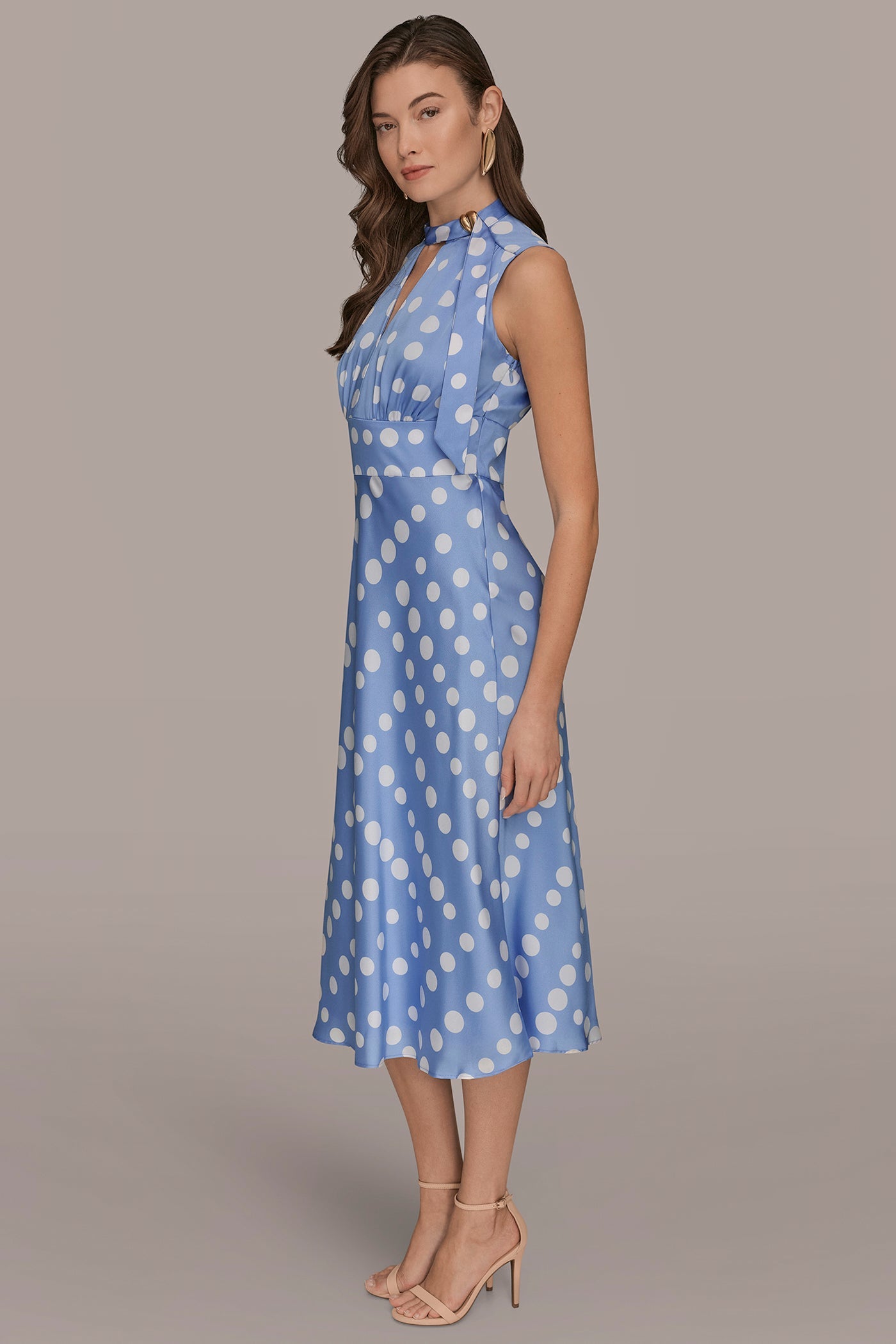 CIELO/CREAM SATIN POLKA-DOT TIE-NECK MIDI DRESS Donna Karan