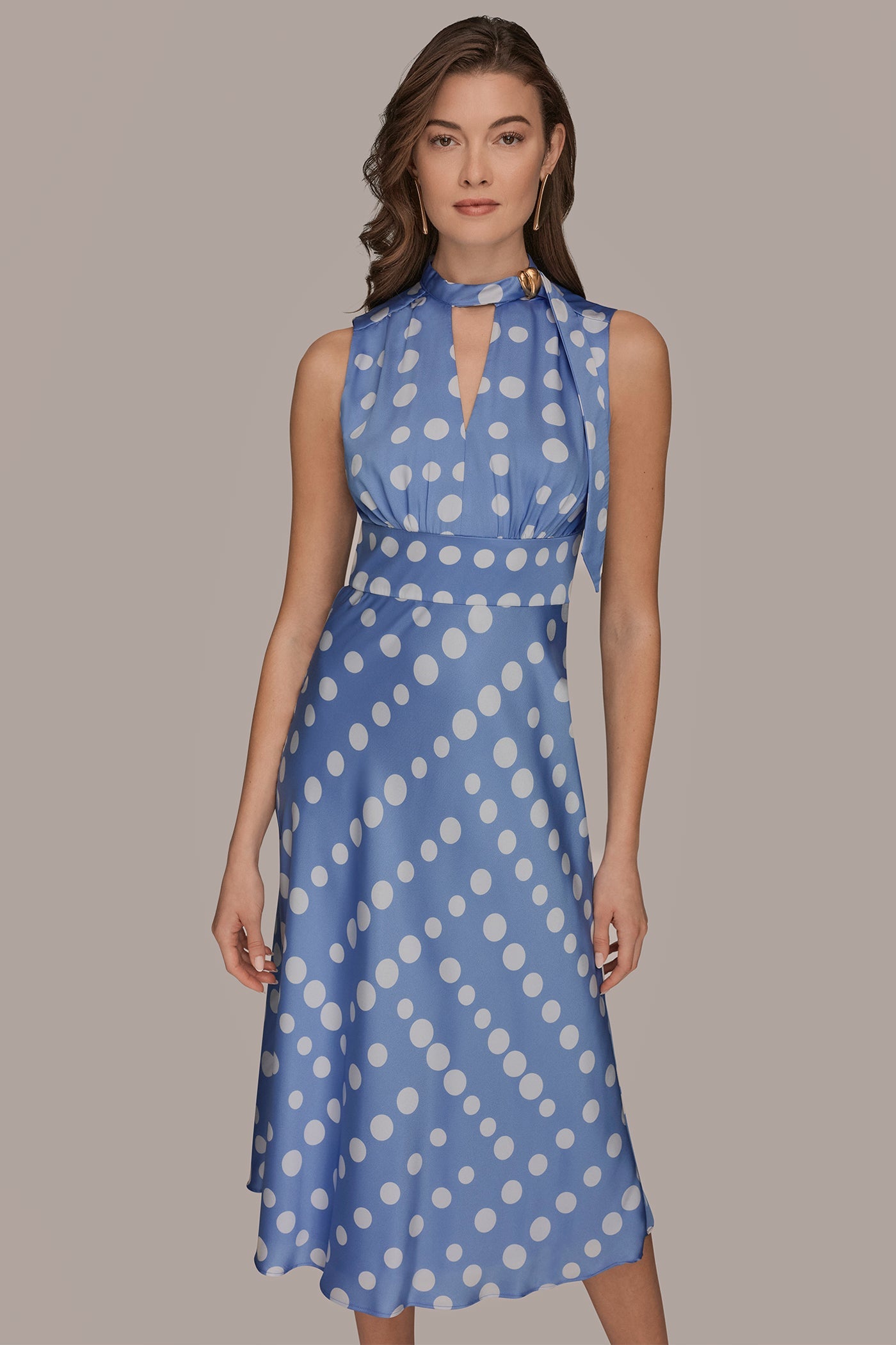 CIELO/CREAM SATIN POLKA-DOT TIE-NECK MIDI DRESS Donna Karan