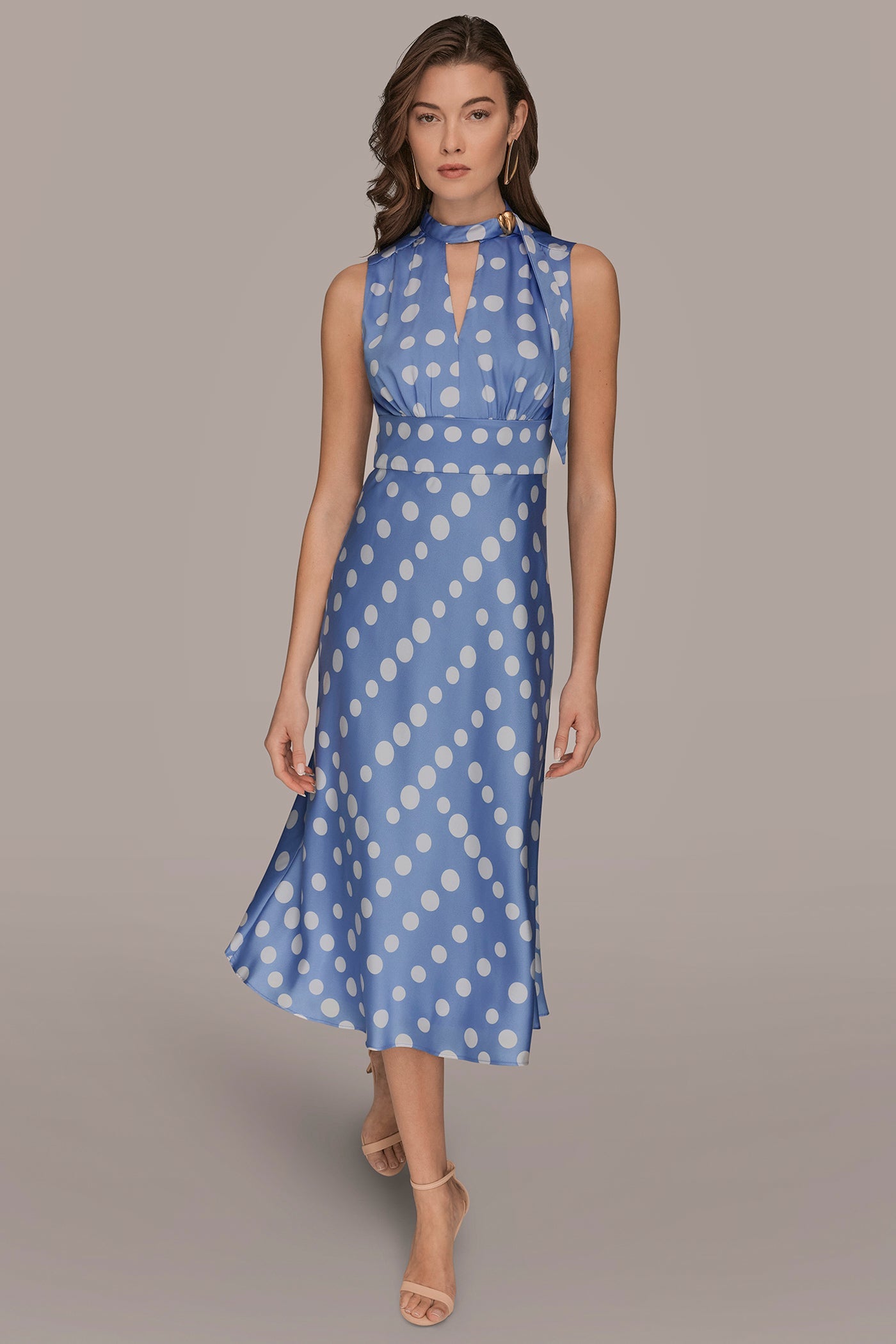 CIELO/CREAM SATIN POLKA-DOT TIE-NECK MIDI DRESS Donna Karan