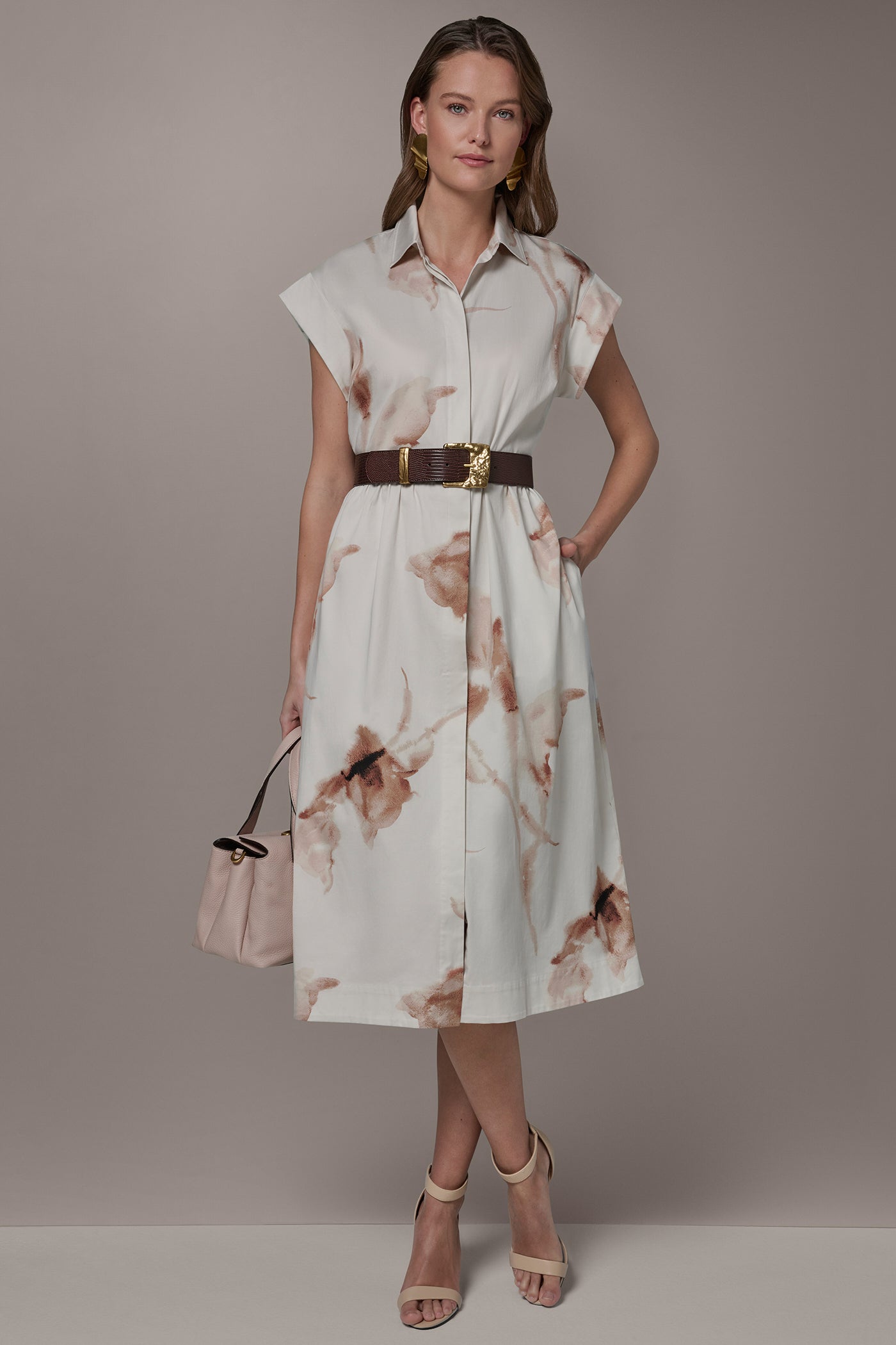 LIGHT TUSCAN GREY MULTI COTTON-SATEEN FLORAL MIDI SHIRT DRESS Donna Karan