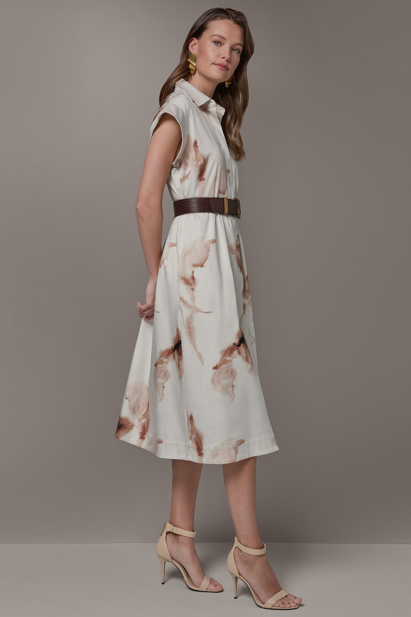 LIGHT TUSCAN GREY MULTI COTTON-SATEEN FLORAL MIDI SHIRT DRESS Donna Karan