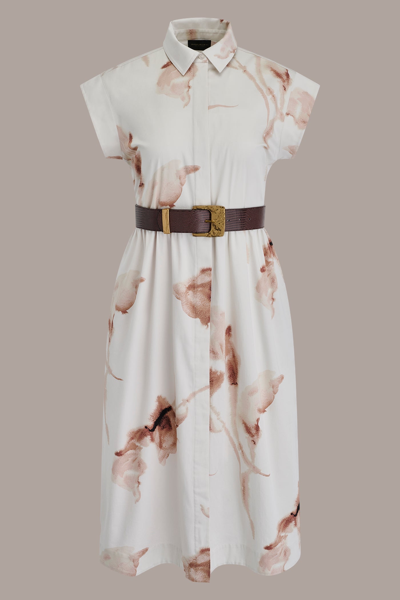 LIGHT TUSCAN GREY MULTI COTTON-SATEEN FLORAL MIDI SHIRT DRESS Donna Karan