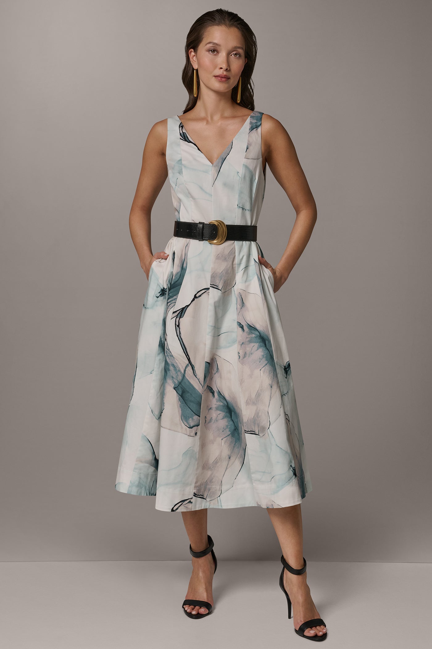 Skylight Multi STRETCH-COTTON PRINTED MIDI FIT AND FLARE DRESS Donna Karan