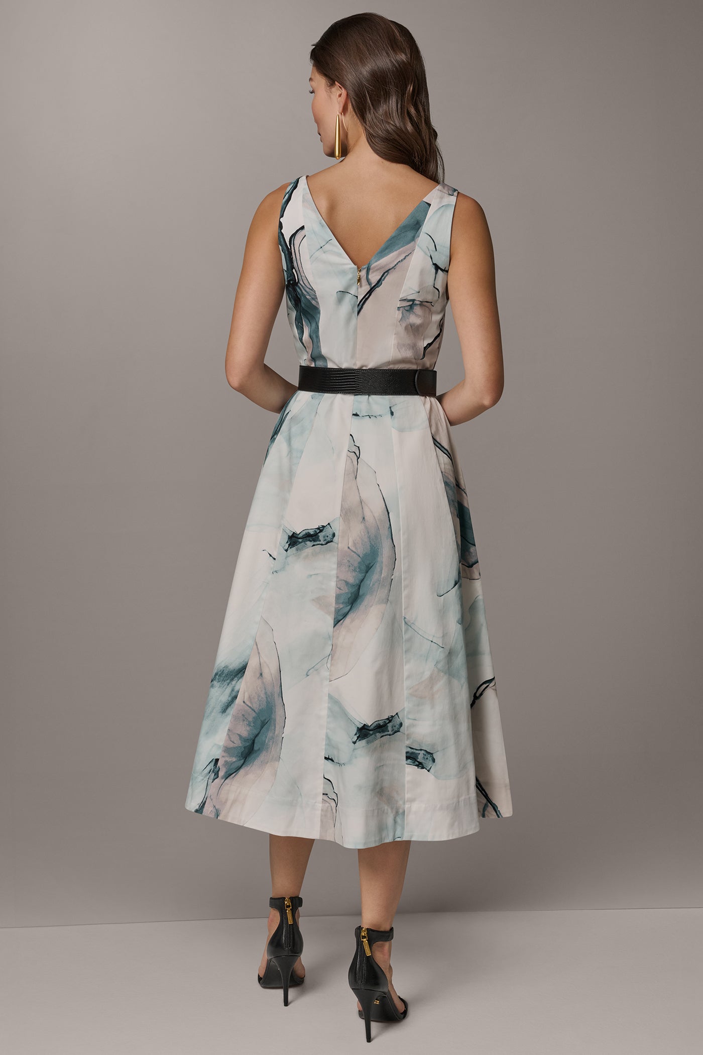 Skylight Multi STRETCH-COTTON PRINTED MIDI FIT AND FLARE DRESS Donna Karan