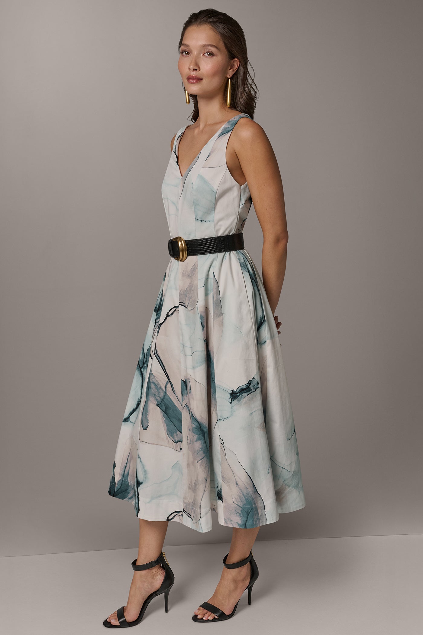Skylight Multi STRETCH-COTTON PRINTED MIDI FIT AND FLARE DRESS Donna Karan