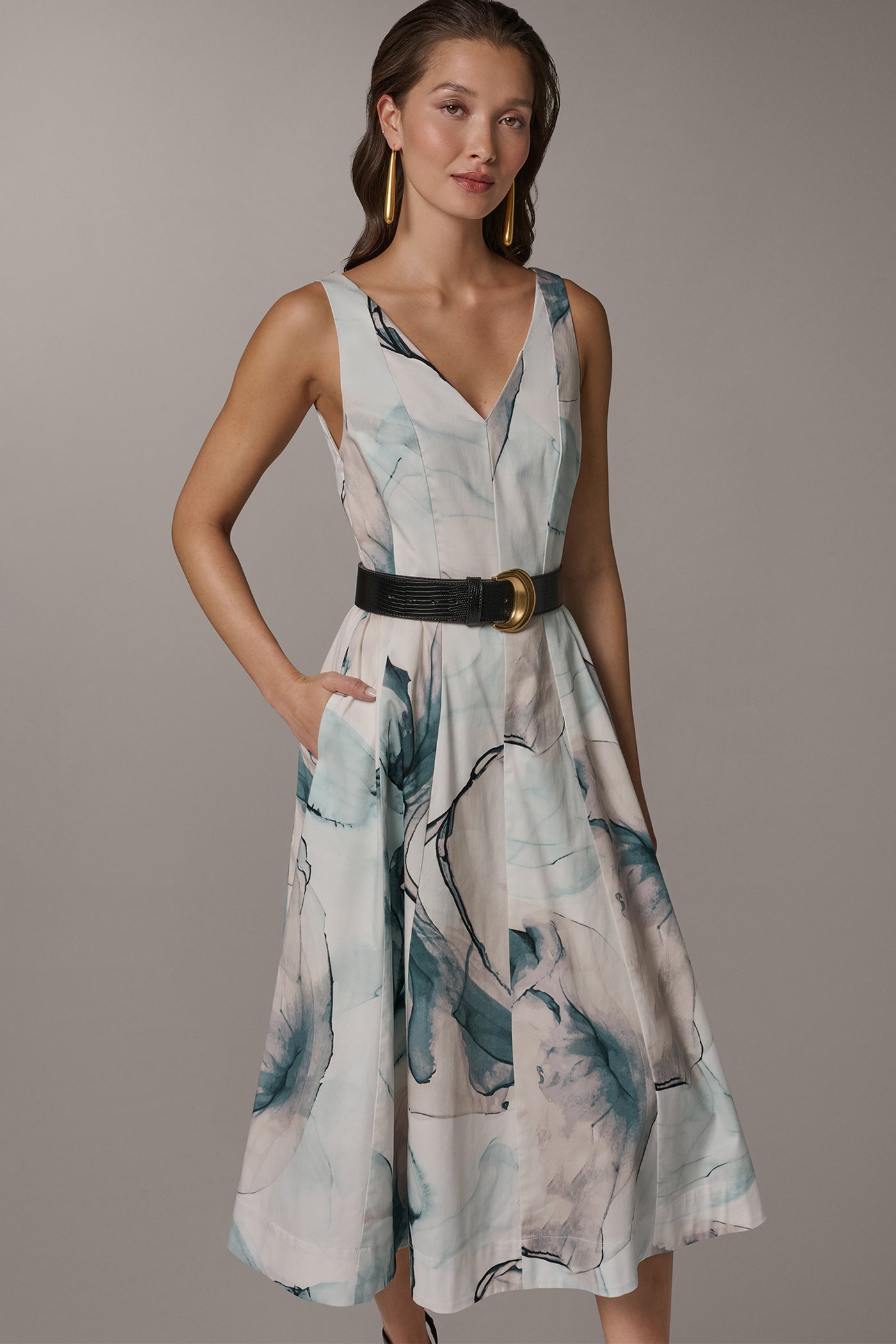 Skylight Multi STRETCH-COTTON PRINTED MIDI FIT AND FLARE DRESS Donna Karan