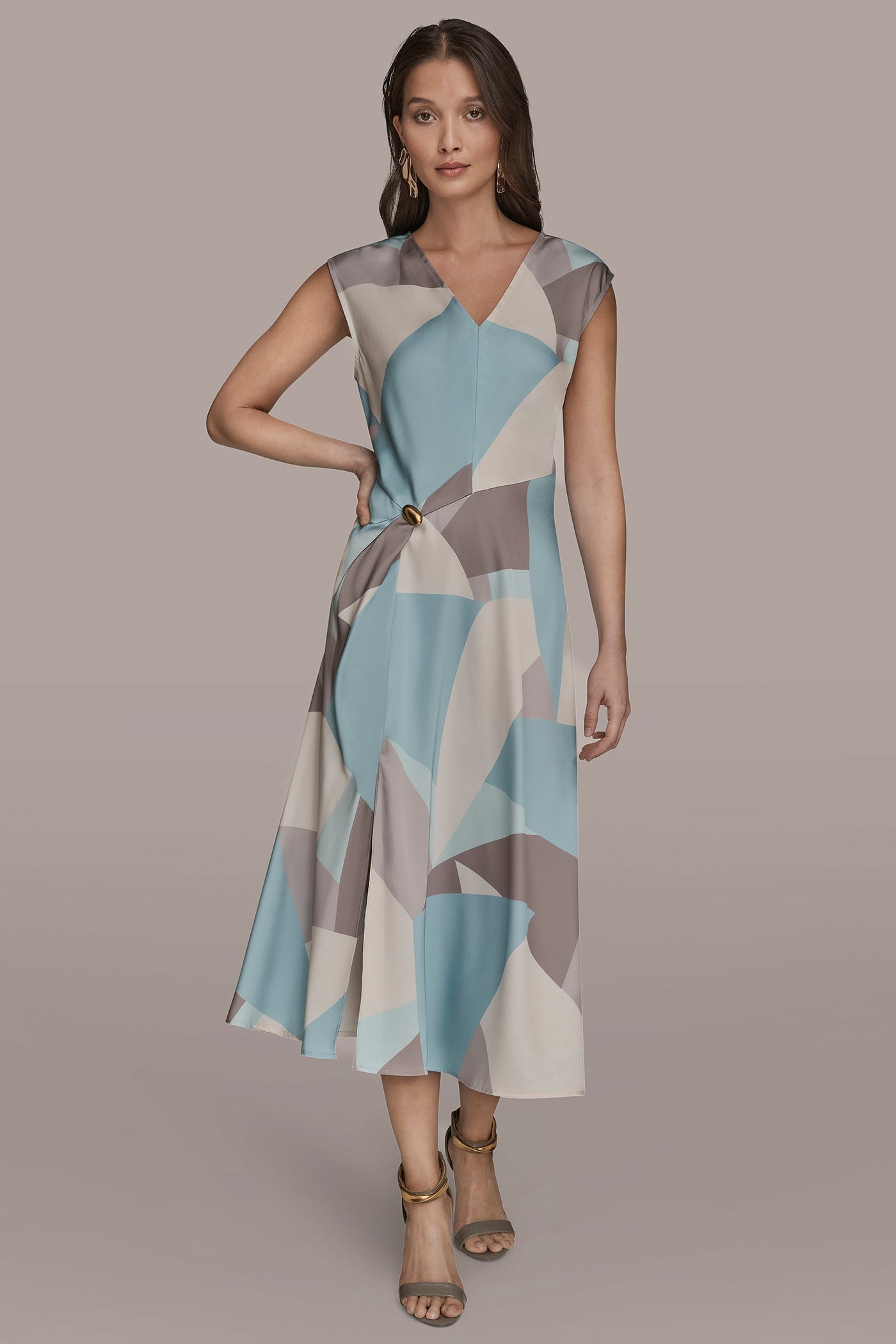 Mist Multi CAP SLEEVE V-NECK PRINTED MIDI DRESS Donna Karan