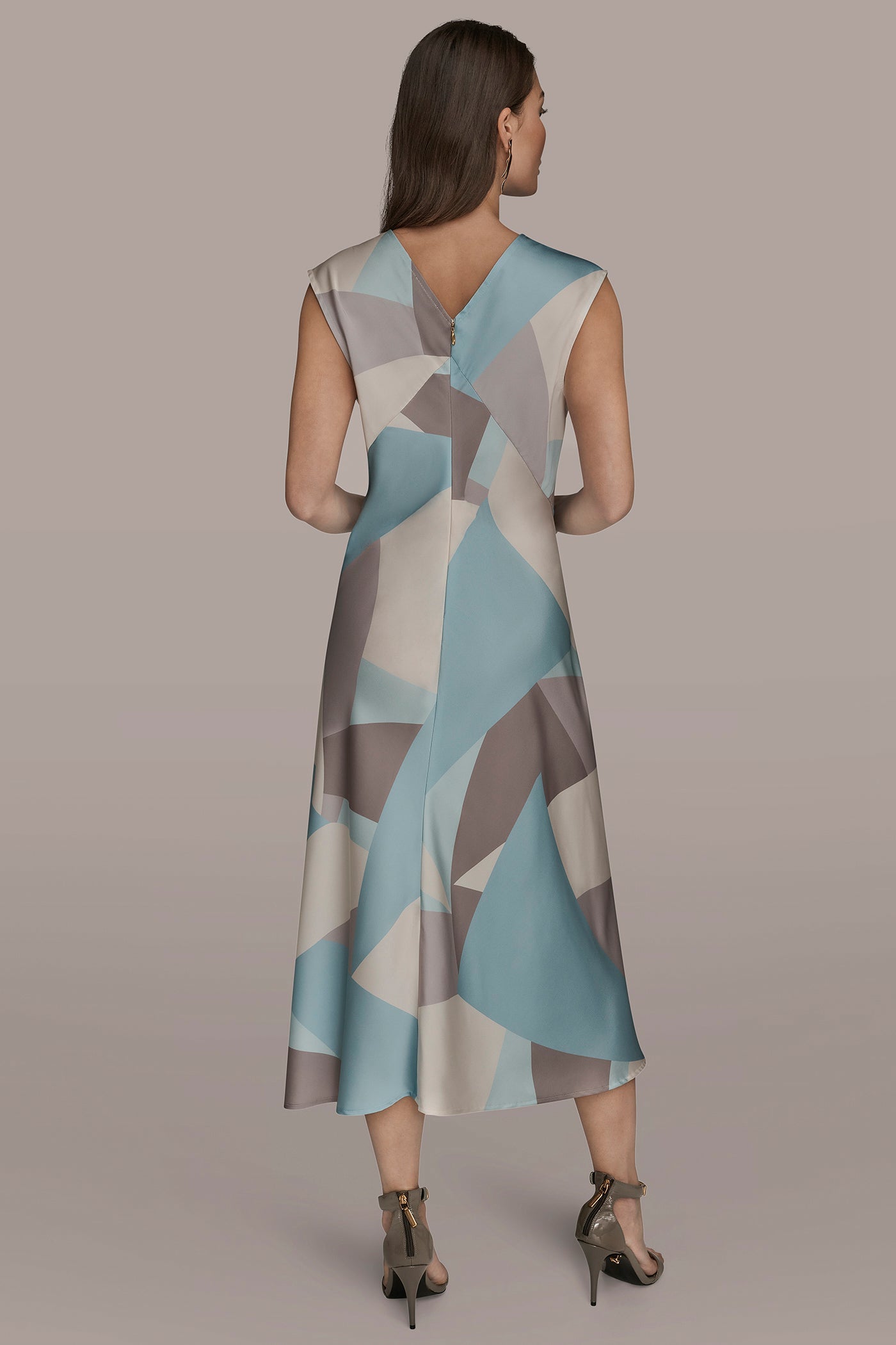 Mist Multi CAP SLEEVE V-NECK PRINTED MIDI DRESS Donna Karan