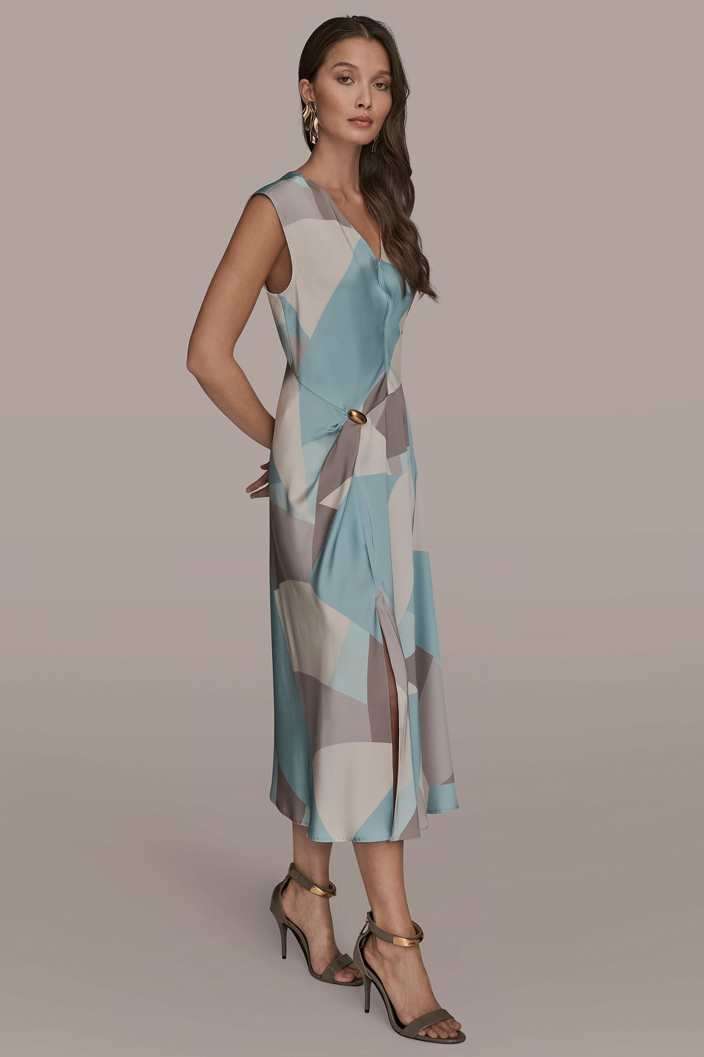 Mist Multi CAP SLEEVE V-NECK PRINTED MIDI DRESS Donna Karan